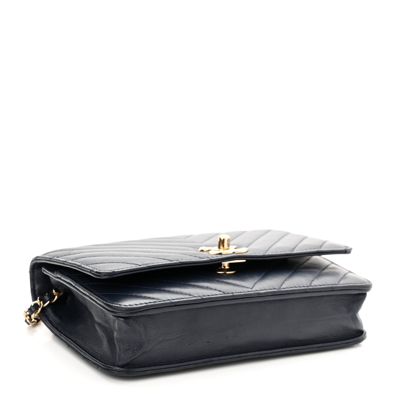 Chanel Lambskin Chevron Quilted Trendy CC Wallet On Chain WOC Dark Blue 4 of 13