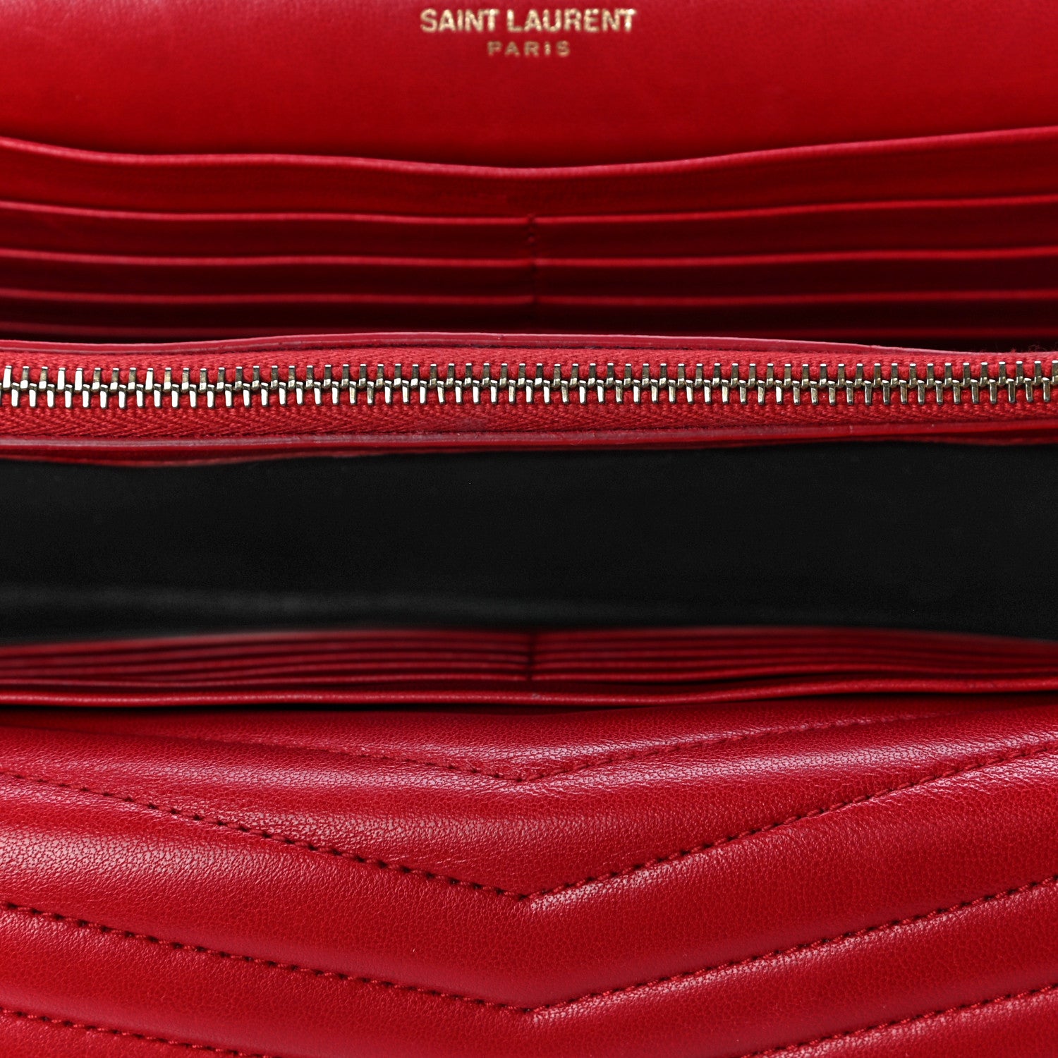Saint Laurent Lambskin Matelasse Chevron Monogram Sulpice Chain Wallet Red 6 of 8
