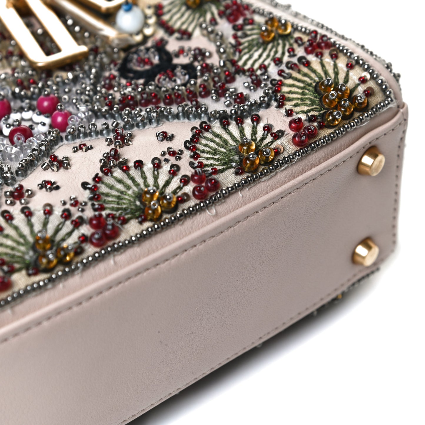 Calfskin Beaded Mini Lady Dior Beige Multicolor
