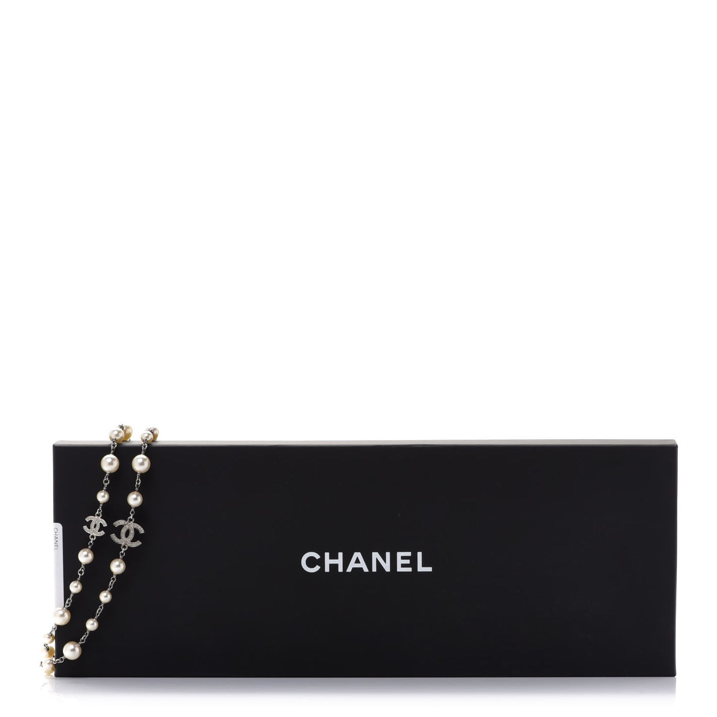 Graduated Pearl Crystal CC Long Necklace Silver
