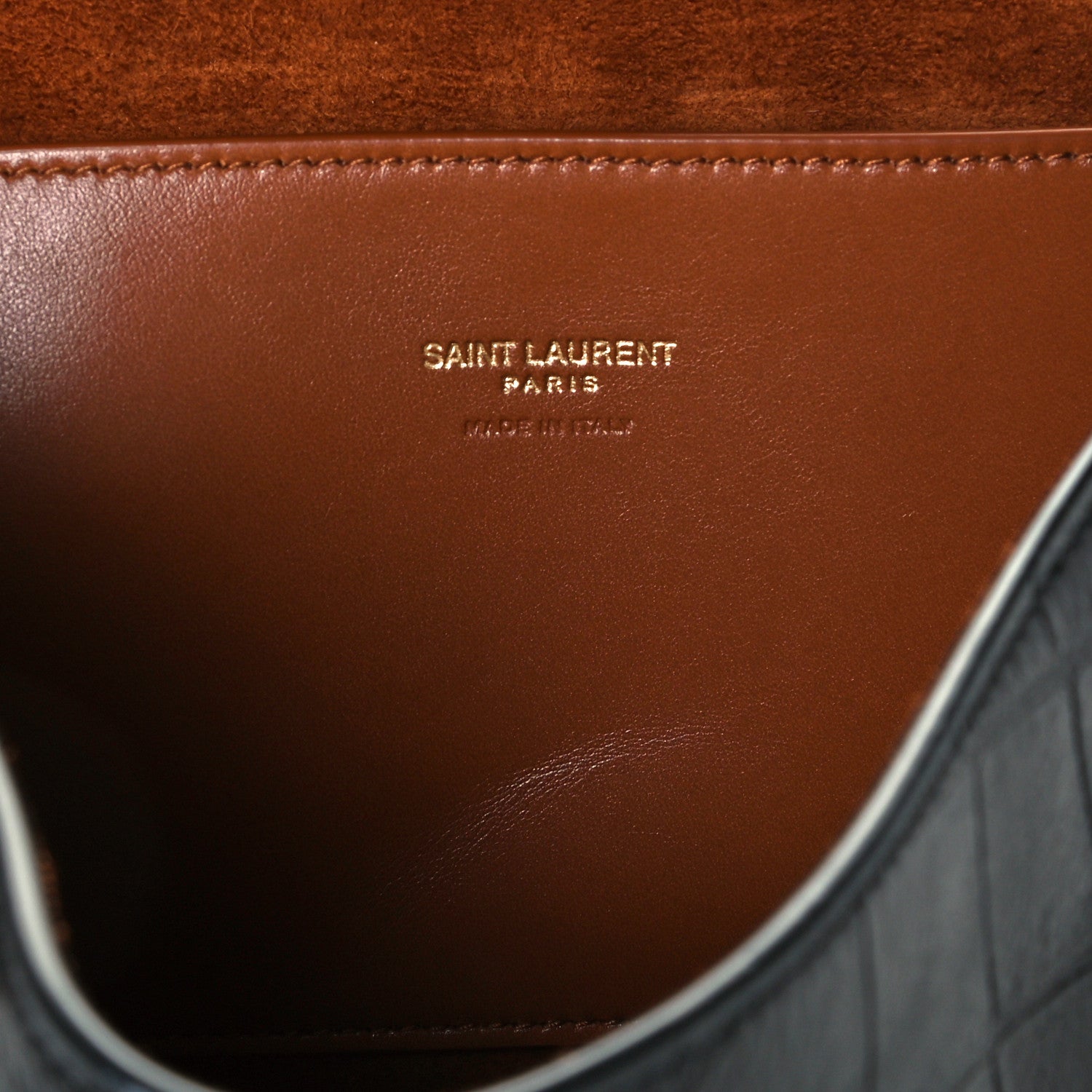 Saint Laurent Calfskin Crocodile Embossed Suede Medium Reversible Monogram Kate Satchel Military Taupe 10 of 17