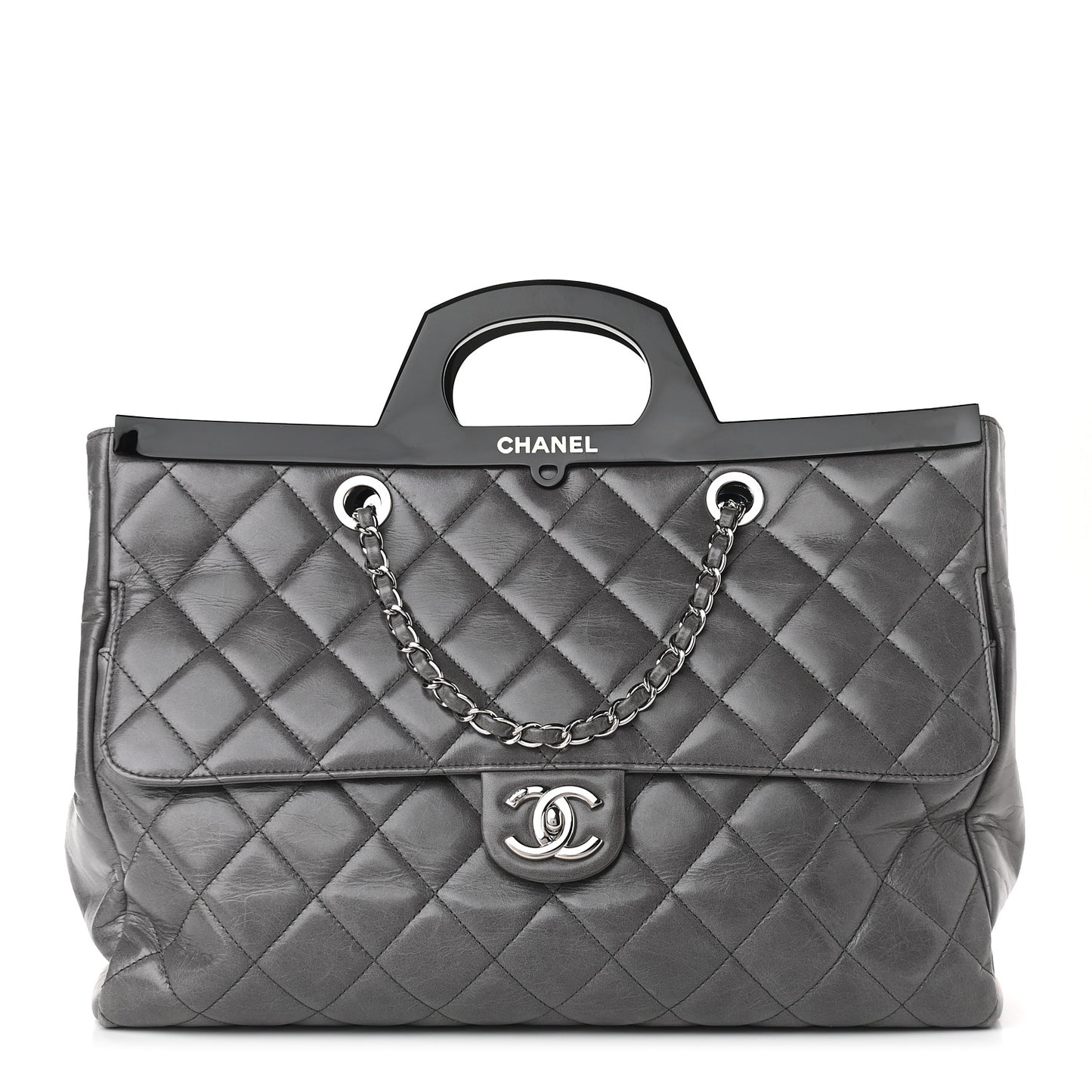 Glazed Calfskin Quilted Large CC Delivery Tote Grey