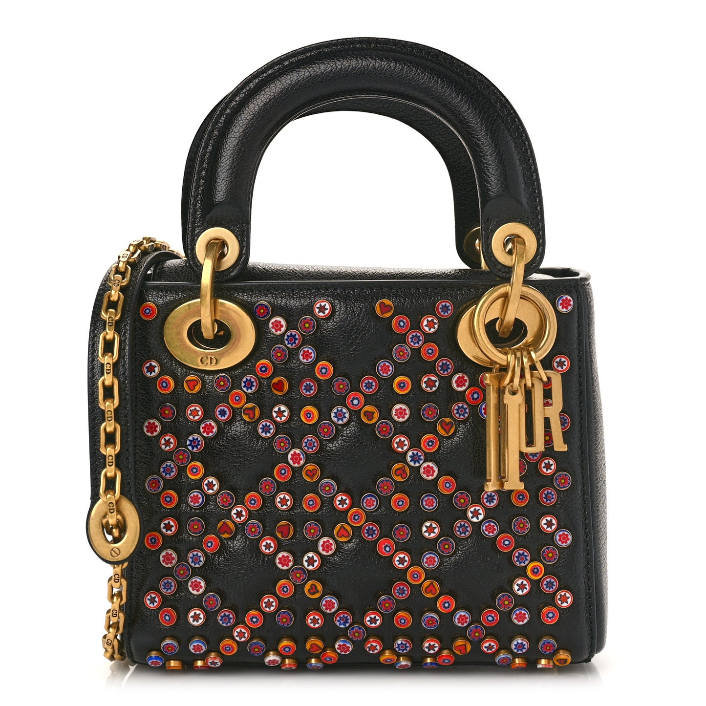 Grained Calfskin Cannage Beaded Mini Lady Dior Black Multicolor