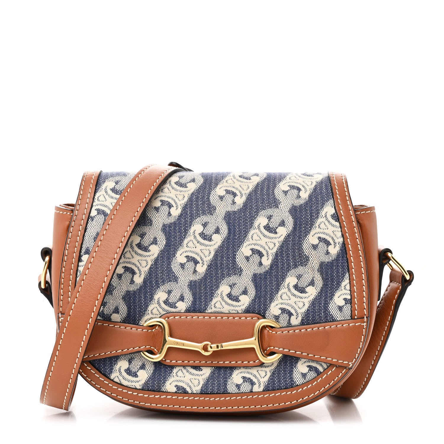 Celine Maillon Triomphe Jacquard Canvas Calfskin Small Crecy Bag Navy Tan 1 of 12