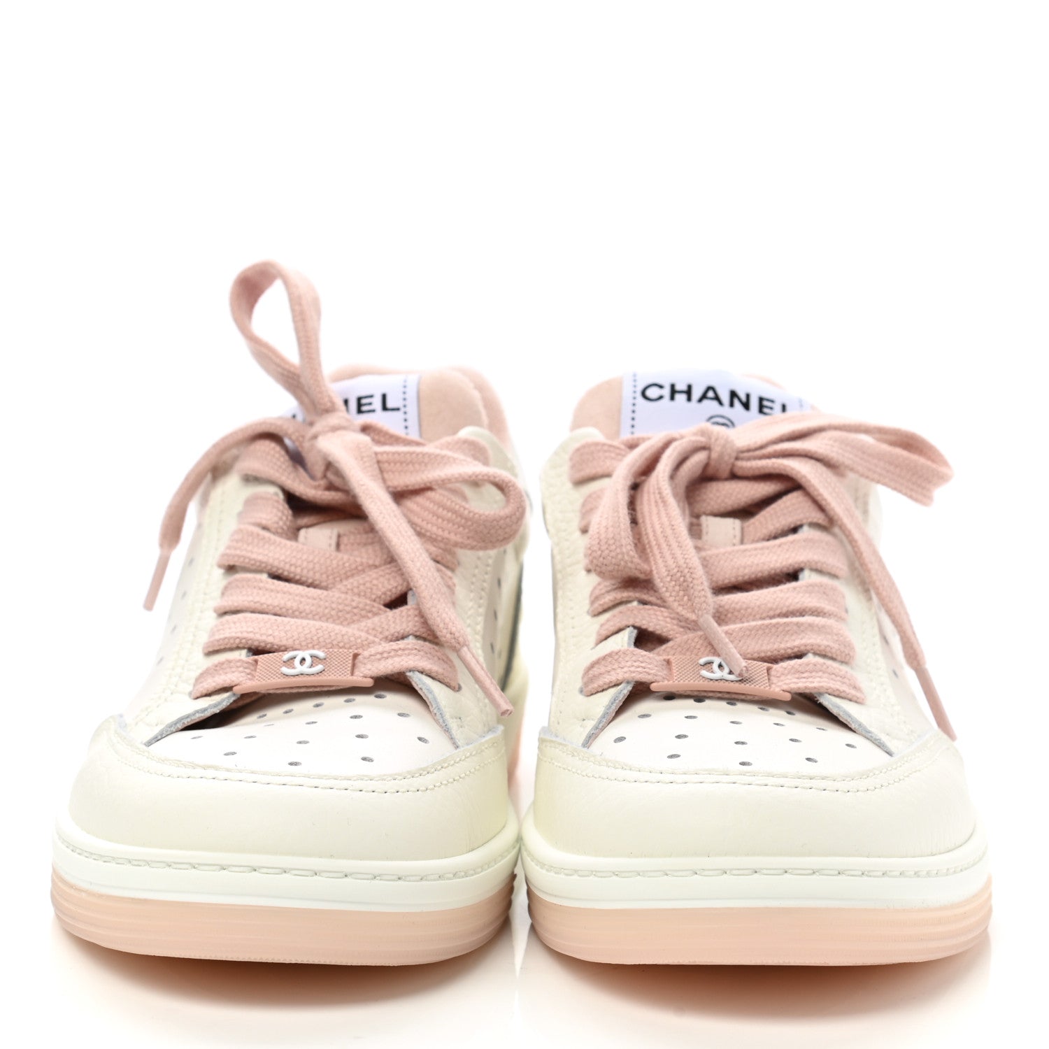 Chanel Grained Calfskin Fabric Womens Logo Sneakers 37.5 White Light Pink 2 of 9