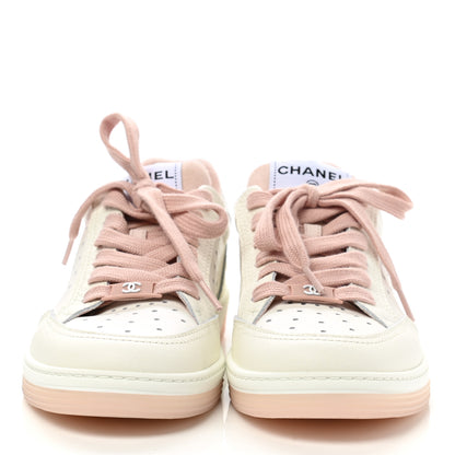 Chanel Grained Calfskin Fabric Womens Logo Sneakers 37.5 White Light Pink 2 of 9