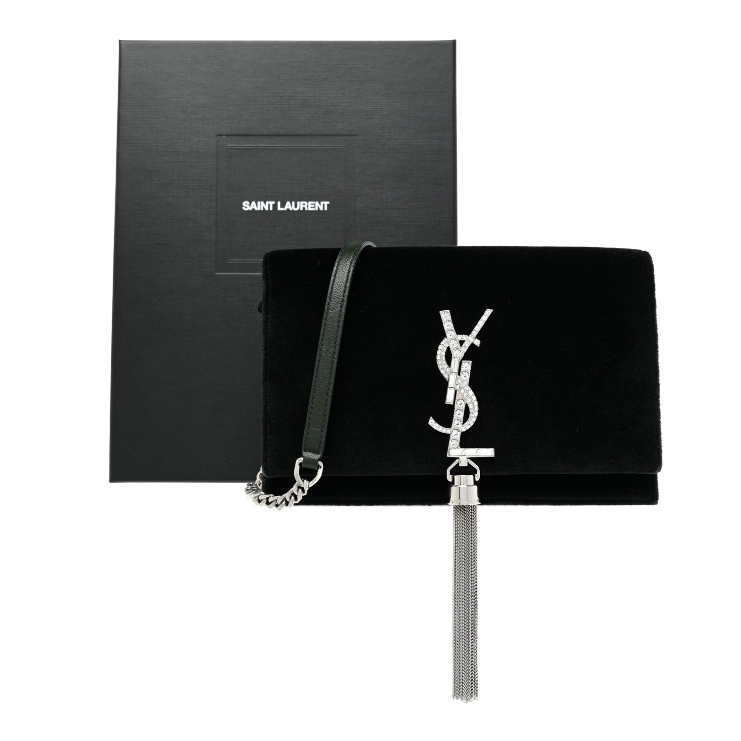 Saint Laurent Velvet Crystal Monogram Kate Tassel Chain Wallet Dark Green 20 of 20