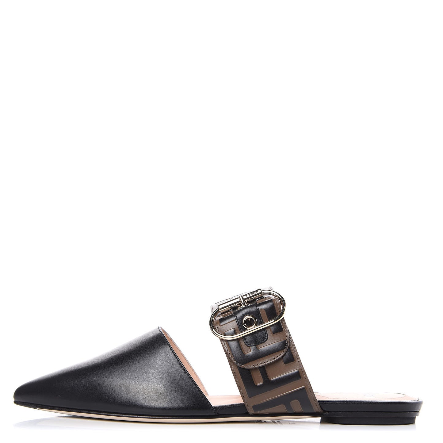 Vitello FF Embossed Buckle Flat Mules 37 Maya Black