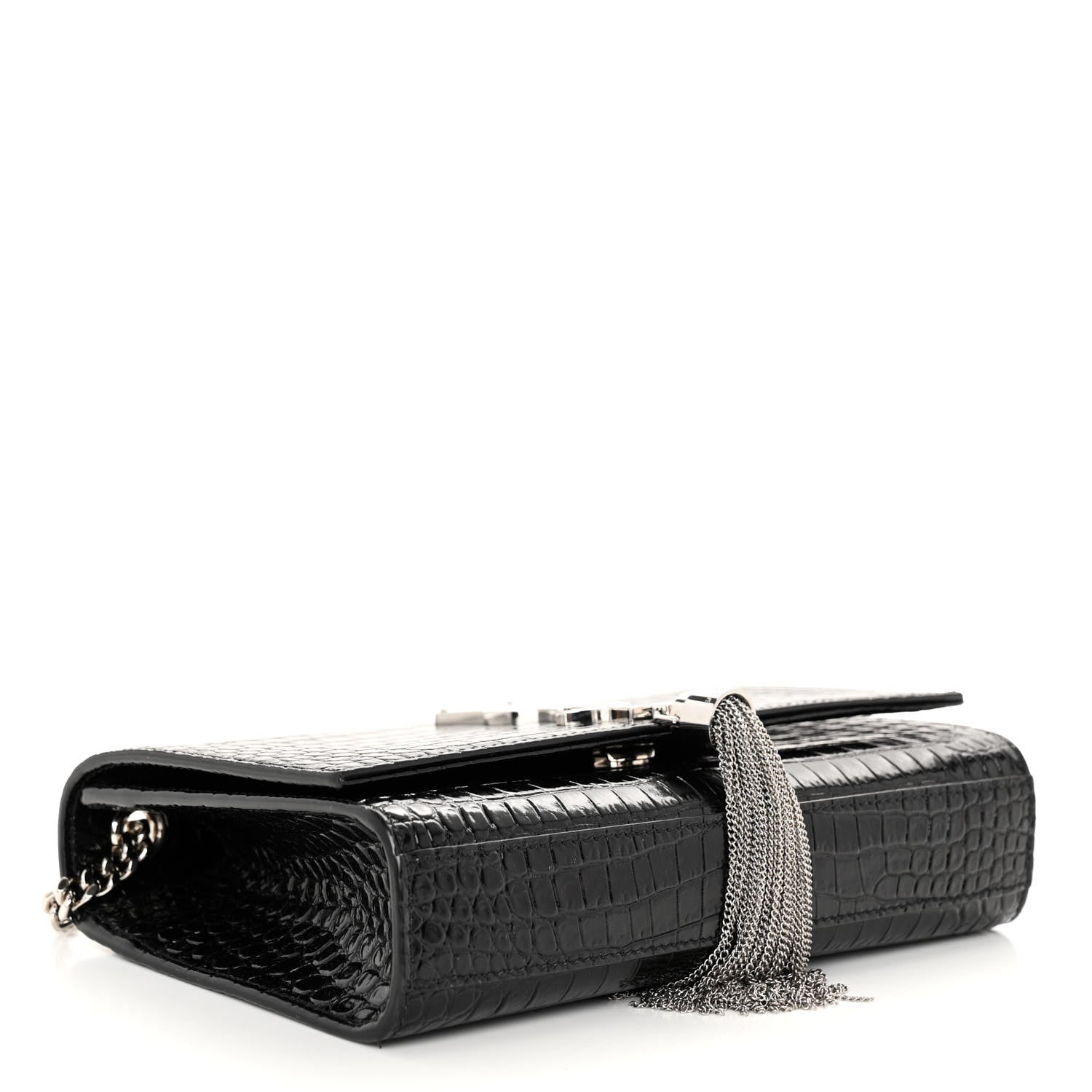 Saint Laurent Calfskin Crocodile Embossed Small Classic Monogram Kate Tassel Satchel Black 4 of 10