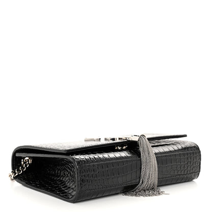 Saint Laurent Calfskin Crocodile Embossed Small Classic Monogram Kate Tassel Satchel Black 4 of 10