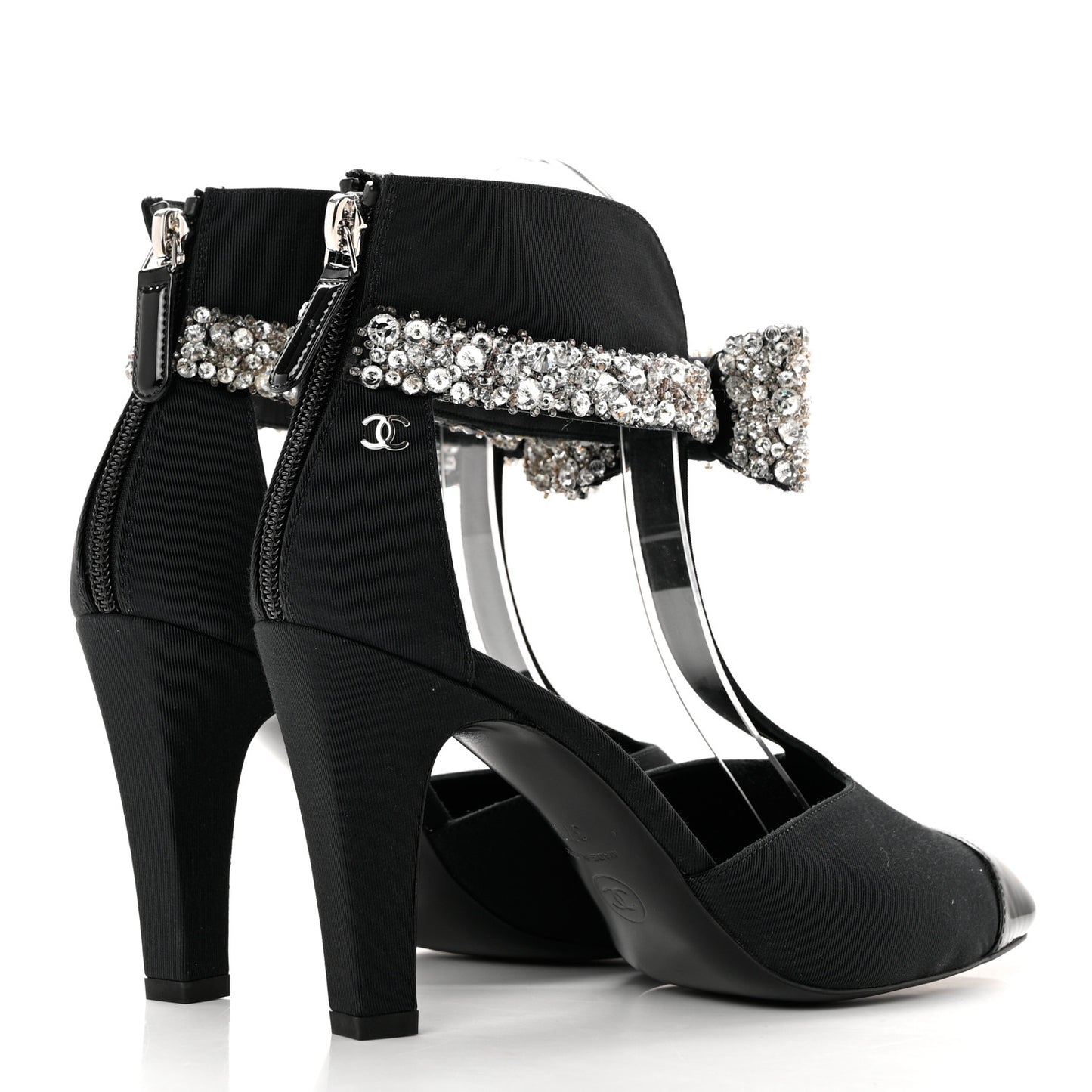 Grosgrain Patent Cap Toe Bow Crystal Pumps 37 Black