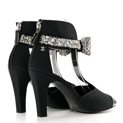 Chanel Grosgrain Patent Cap Toe Bow Crystal Pumps 37 Black 4 of 8