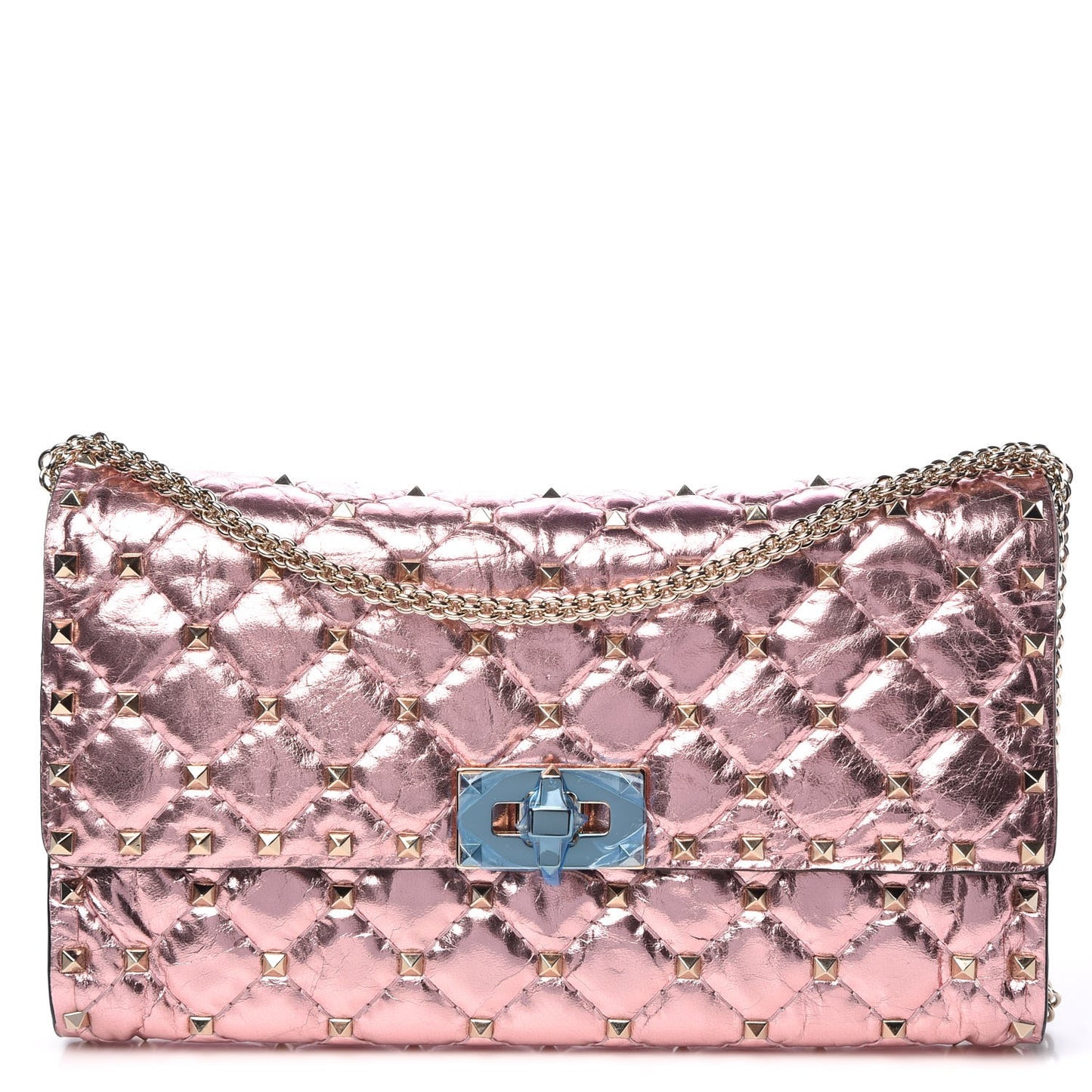 Metallic Wrinkled Lambskin Rockstud Spike Wallet on Chain Lipstick