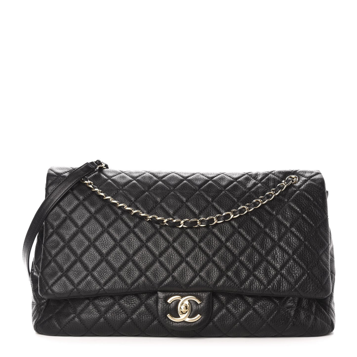 Calfskin Quilted XXL Travel Flap Bag Black