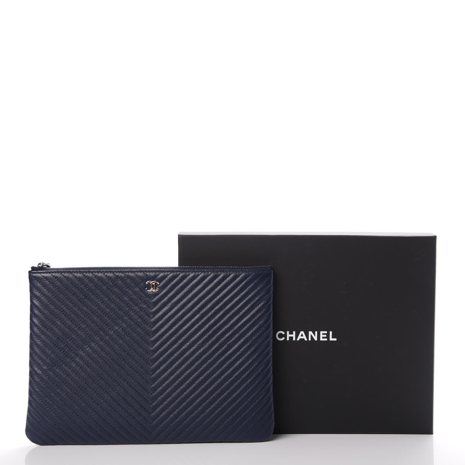 Chanel Caviar Chevron Quilted Medium Cosmetic Case Navy 8 of 8