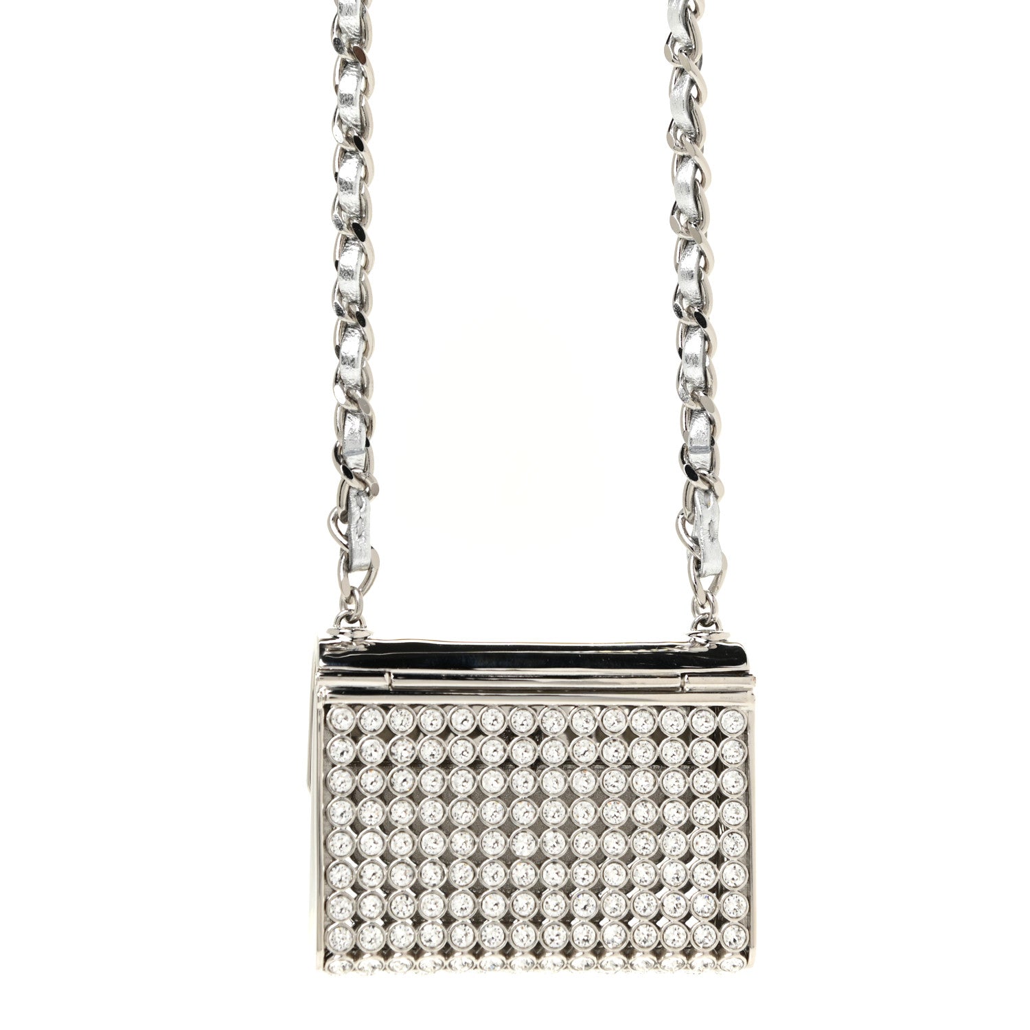 Chanel Metal Lambskin Strass Crystal Purse CC Long Necklace Silver 3 of 6