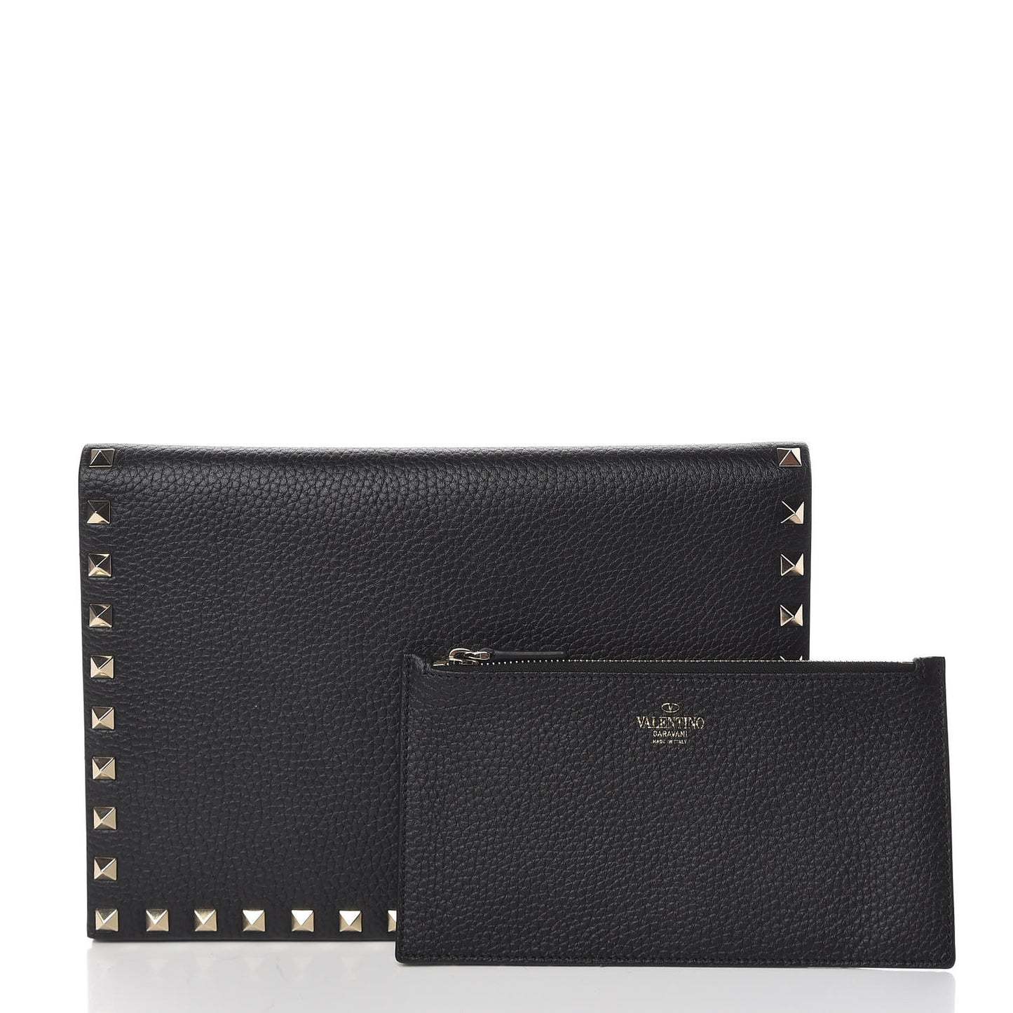 Pebbled Calfskin Rockstud Flap Clutch Black