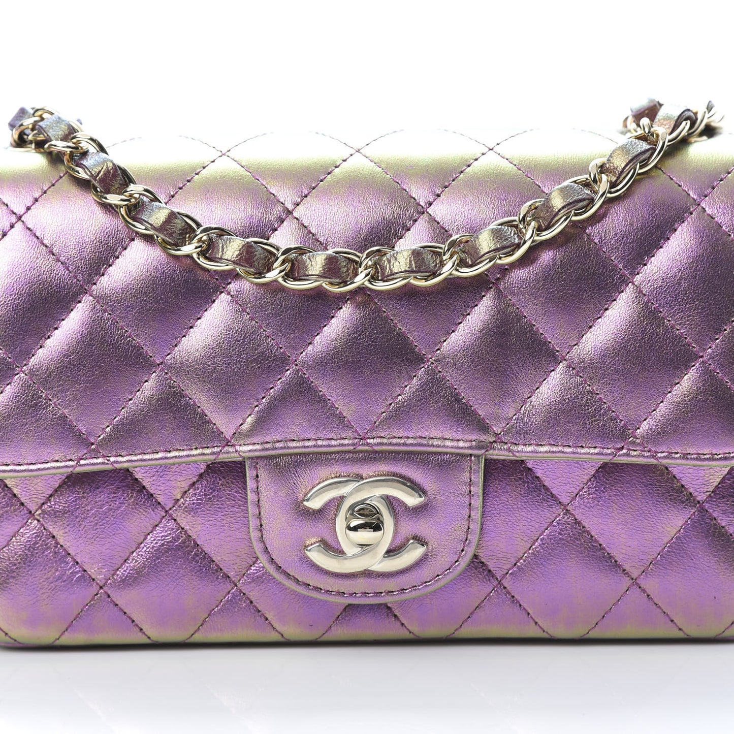 Iridescent Lambskin Quilted Mini Rectangular Flap Purple