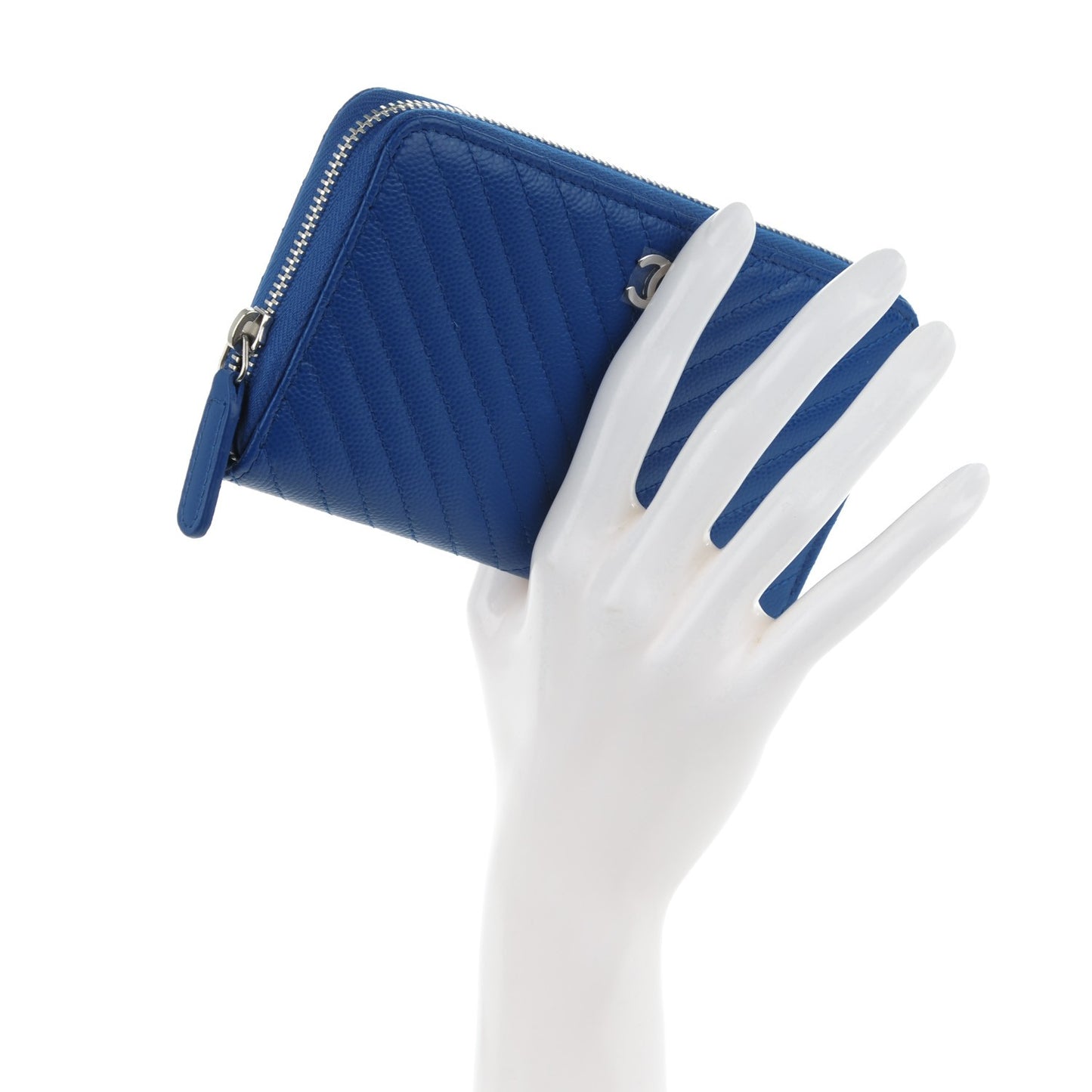 Caviar Chevron Quilted Small Zip Around Wallet Bright Blue