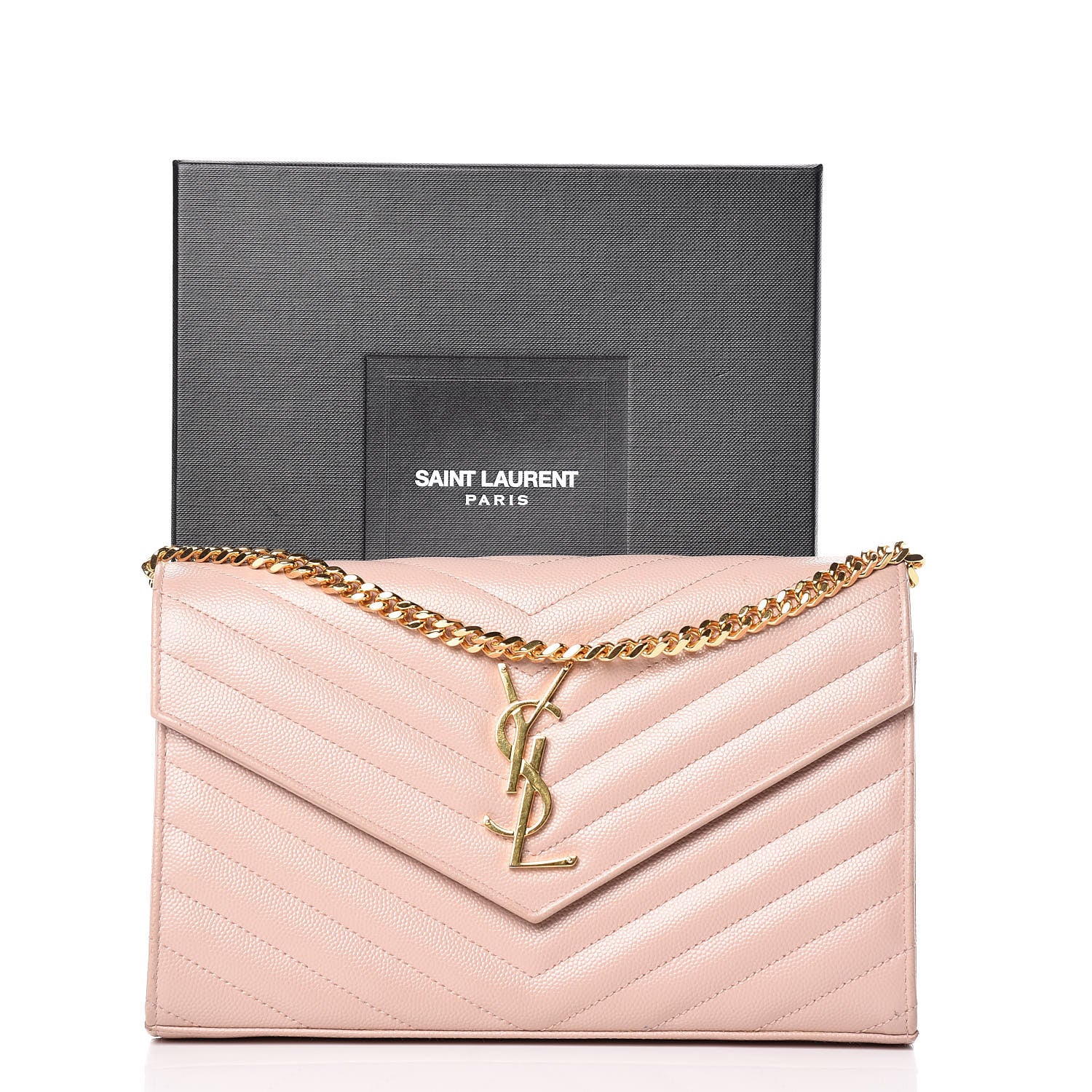 Saint Laurent Grain De Poudre Matelasse Chevron Monogram Chain Wallet Pale Pink 11 of 11