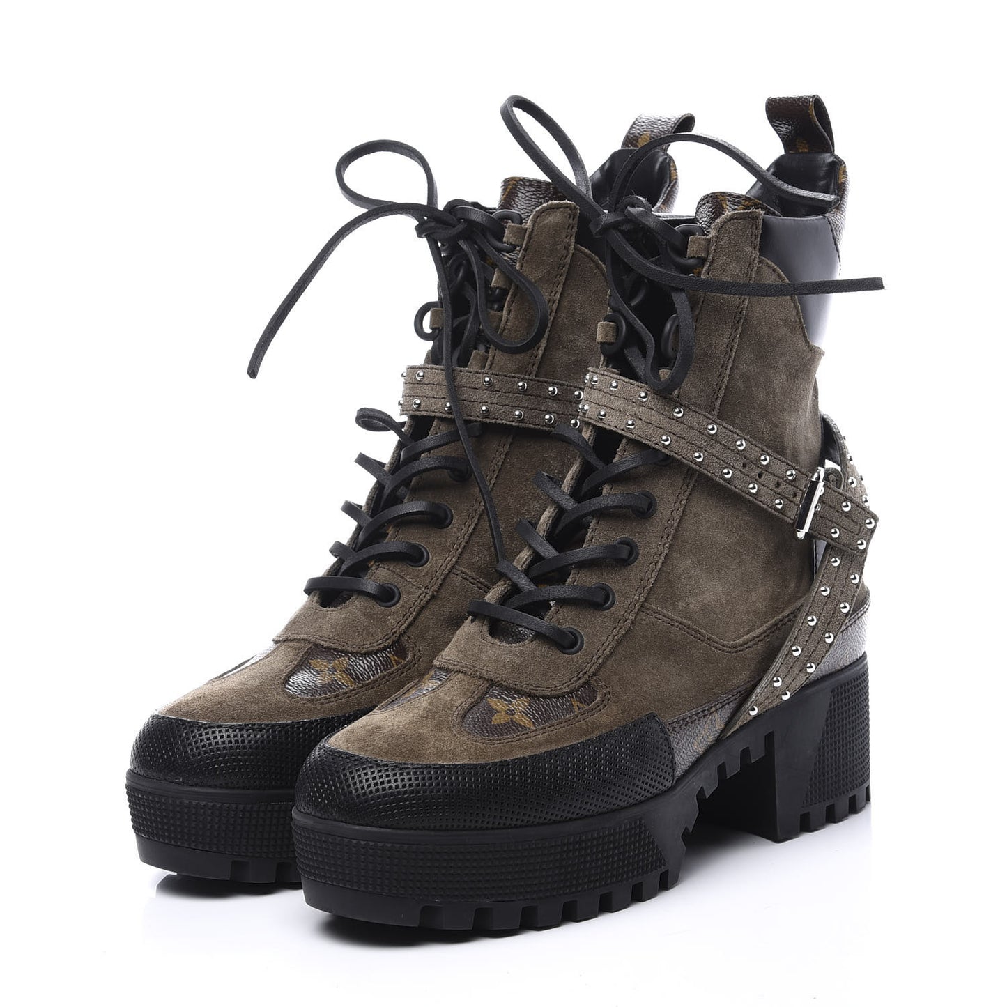 Suede Calfskin Monogram Laureate Platform Desert Boots 38 Kaki