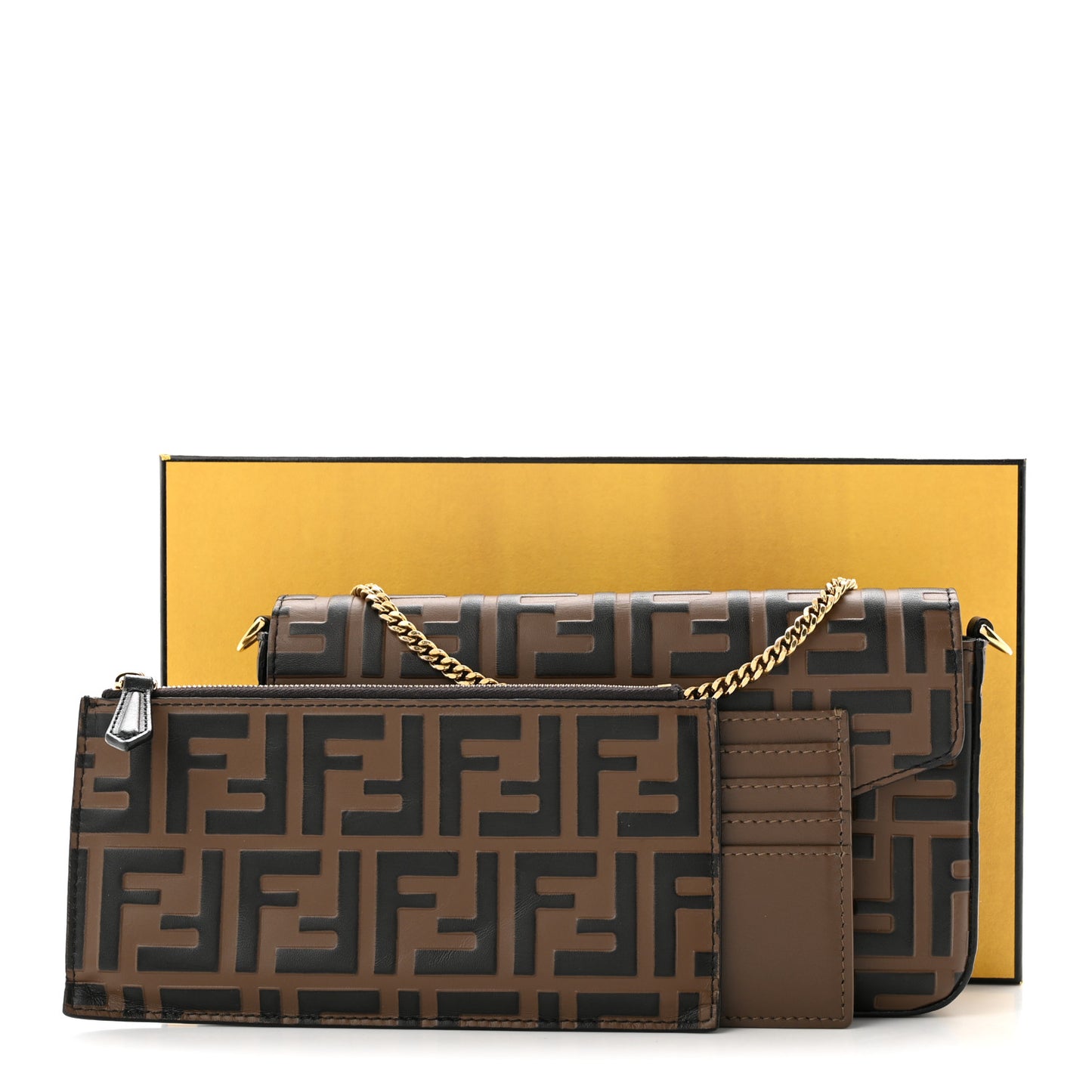 Vitello Soft F is Fendi Bi-Color FF 1974 Embossed Envelope Wallet On Chain with Pouches Maya Black