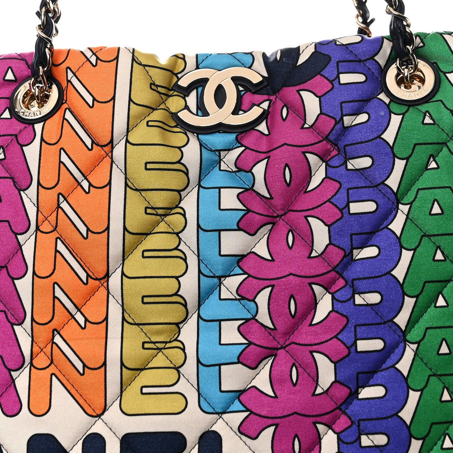 Printed Fabric Quilted Logo Large Shopping Tote Multicolor