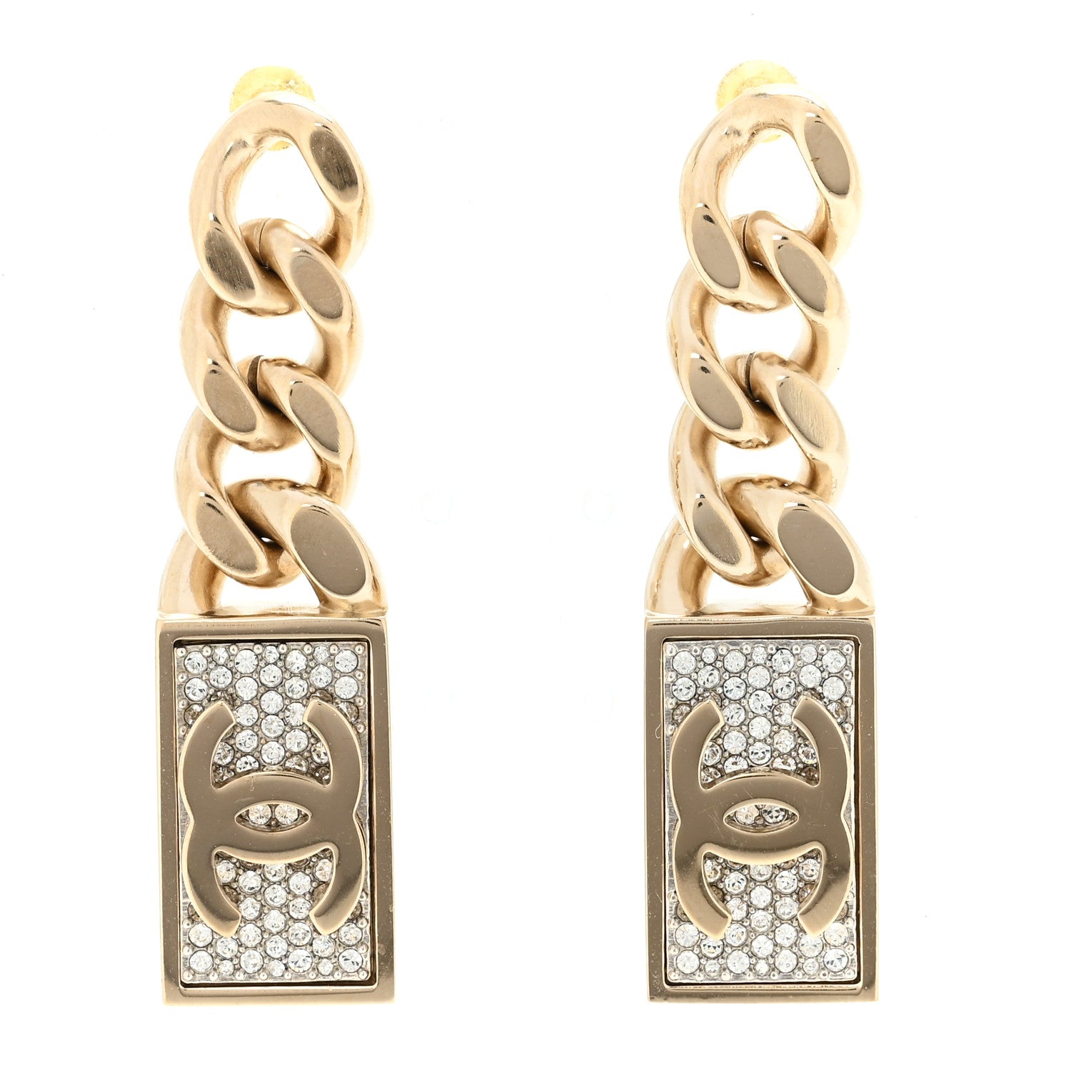 Chanel Crystal Dog Tag Charm Earrings Gold 2 of 10