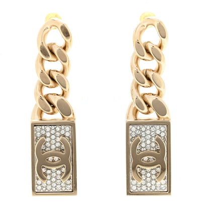 Chanel Crystal Dog Tag Charm Earrings Gold 2 of 10