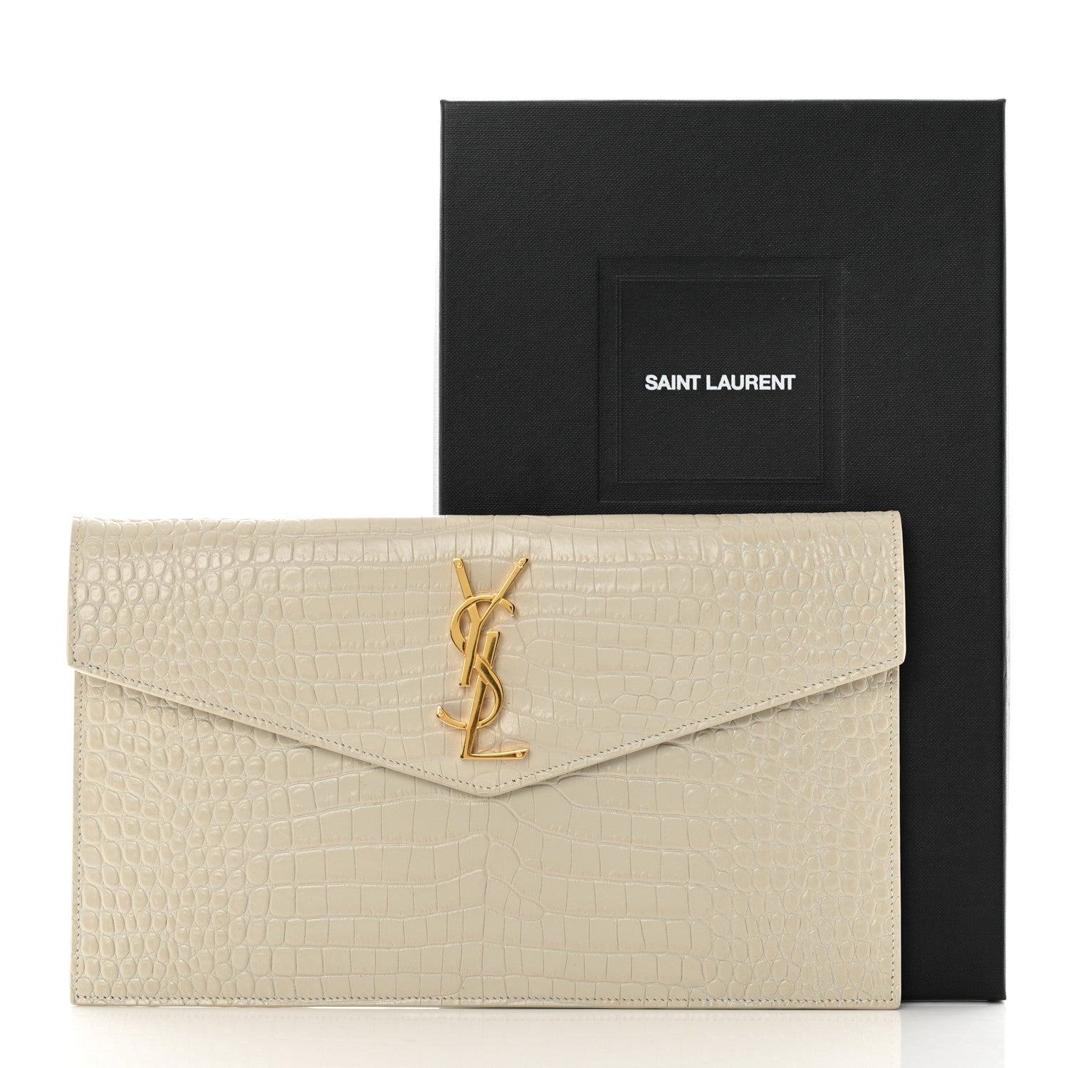Saint Laurent Calfskin Crocodile Embossed Uptown Monogram Pouch Crema Soft 8 of 8