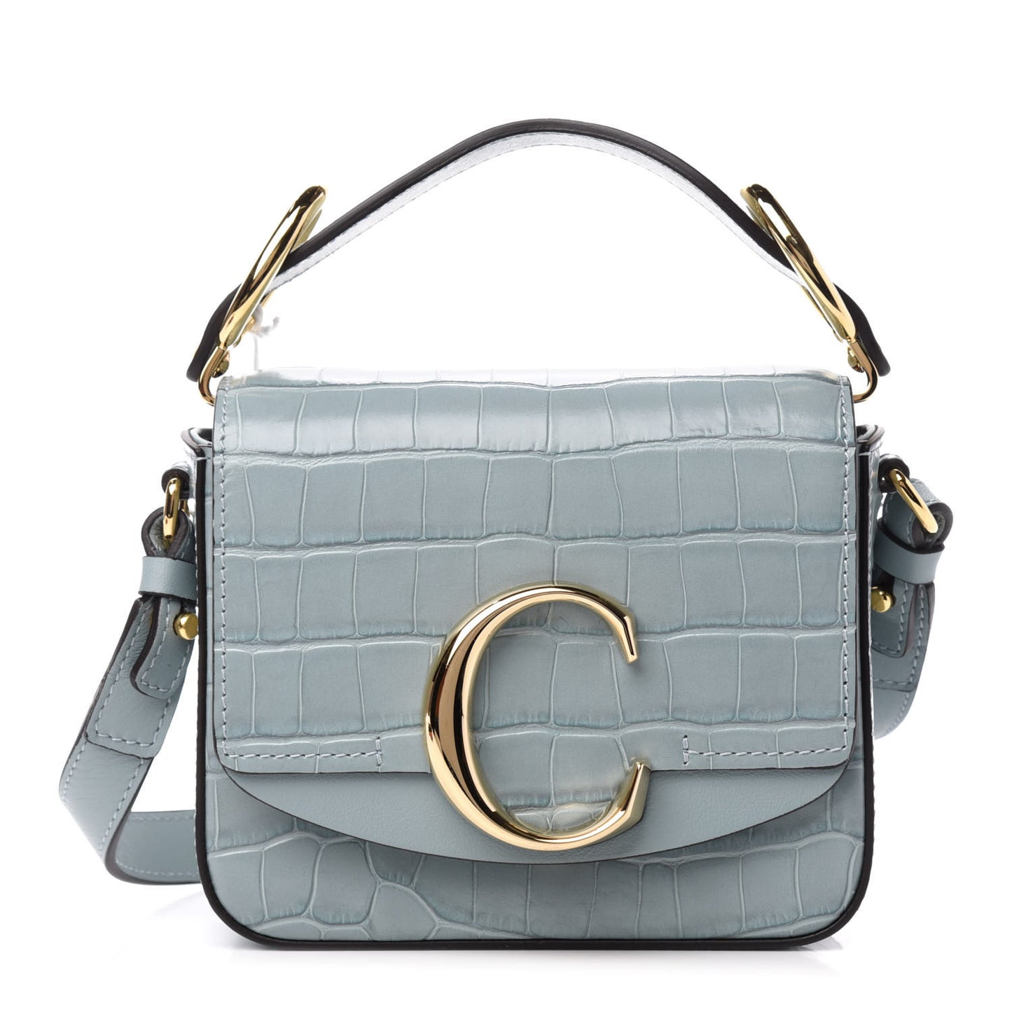 Calfskin Crocodile Embossed Mini C Double Carry Faded Blue
