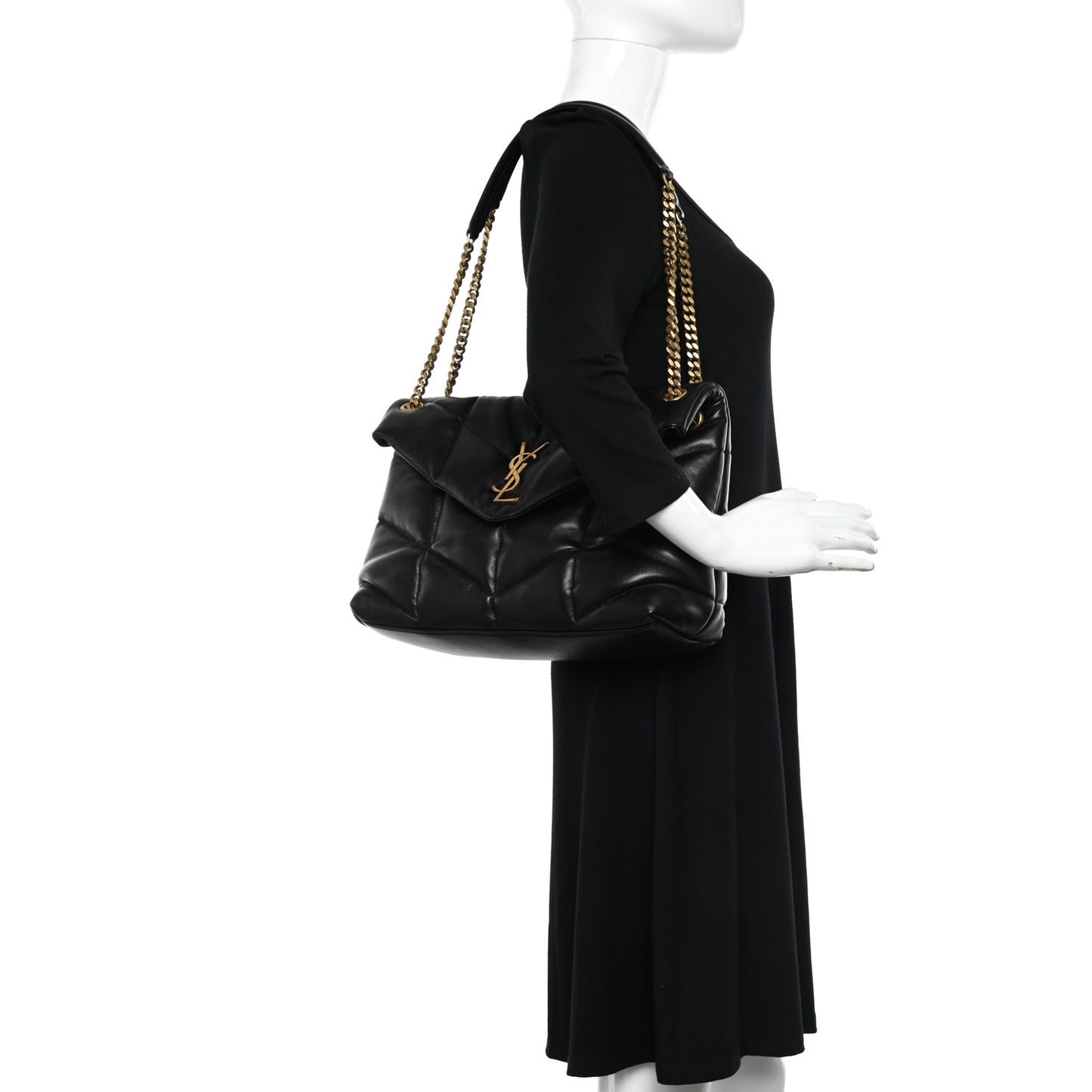 Lambskin Quilted Medium Loulou Puffer Monogram Chain Satchel Black