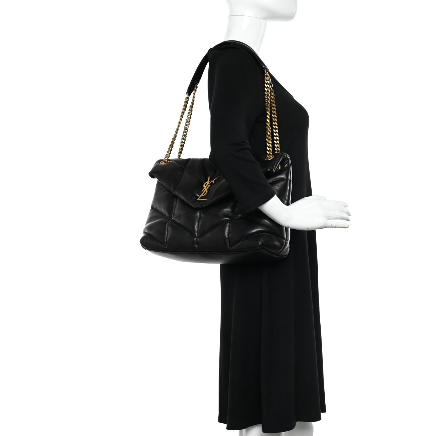 Saint Laurent Lambskin Quilted Medium Loulou Puffer Monogram Chain Satchel Black 2 of 9