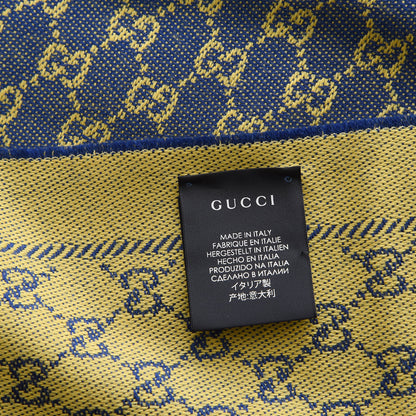 Gucci Wool Monogram Fringe Scarf Navy Yellow 5 of 5