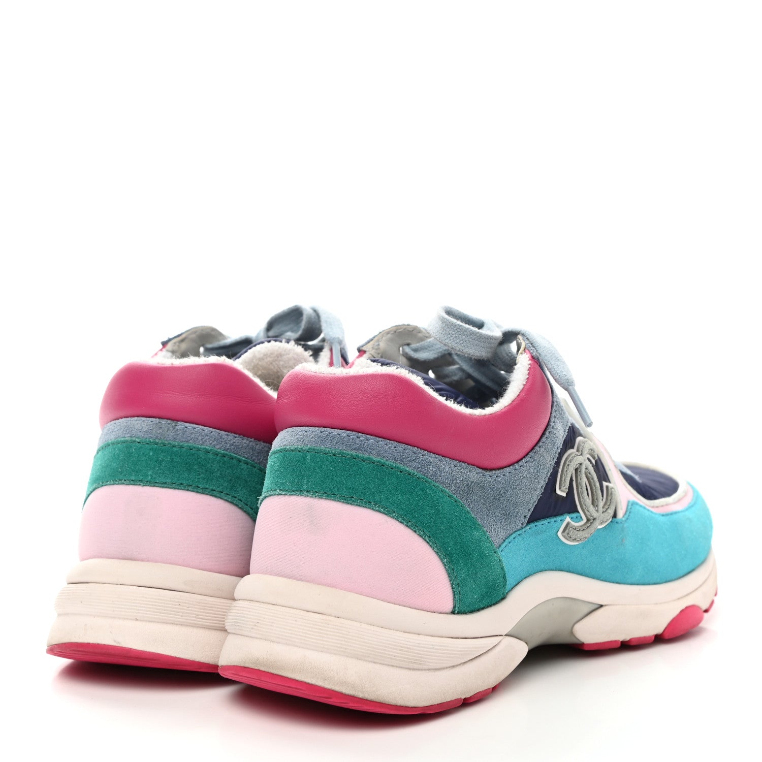 Chanel Nylon Calfskin Suede Womens CC Sneakers 37 Blue Pink 4 of 8
