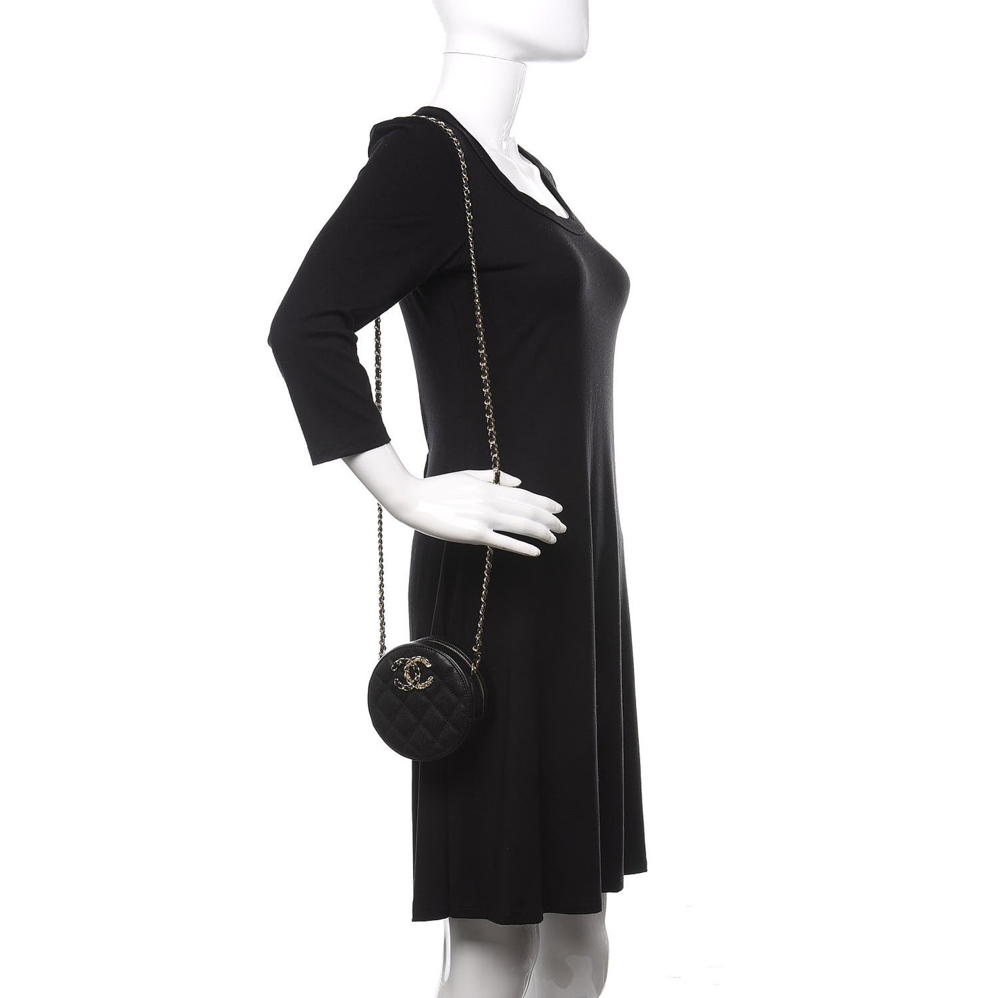 Caviar Quilted French New Wave Round Clutch With Chain Black
