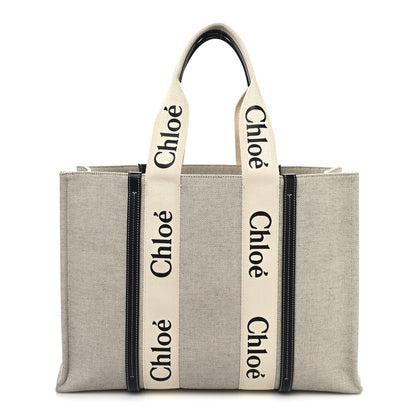 Chloe Cotton Calfskin Large Woody Ribbon Tote White Blue 1 of 10