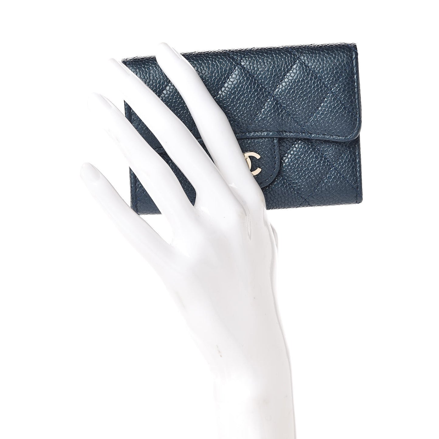 Iridescent Caviar Quilted Flap Card Holder Dark Blue