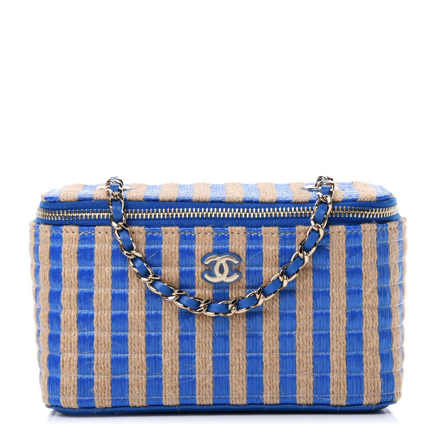 Raffia Jute Striped Small Vanity Case With Chain Blue Beige