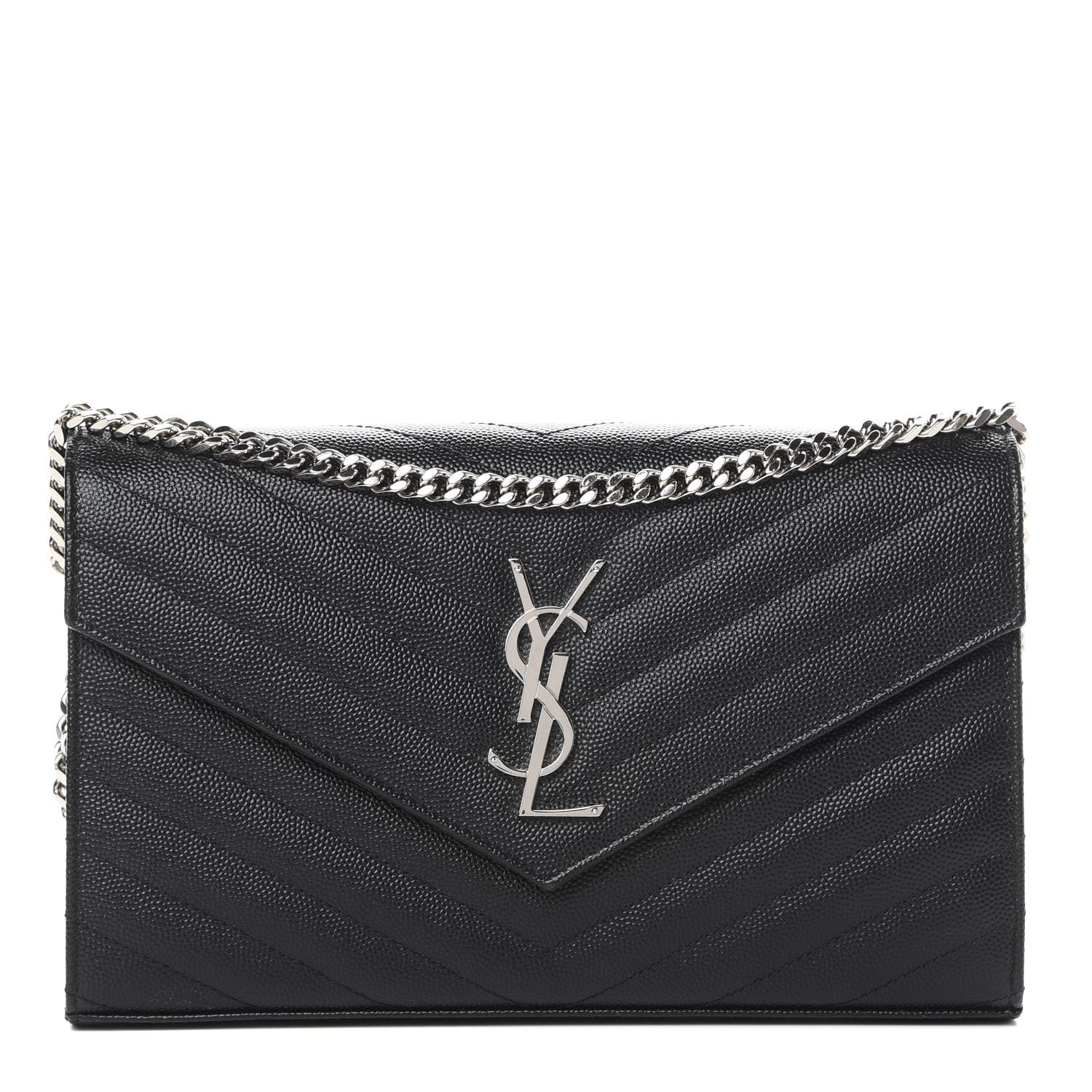 Saint Laurent Grain De Poudre Matelasse Chevron Monogram Chain Wallet Black 1 of 11