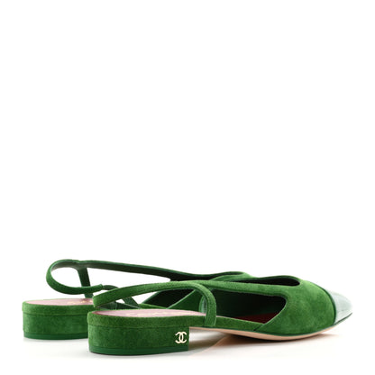 Chanel Suede Patent Calfskin CC Cap Toe Slingback Flats 38.5 Green 5 of 10