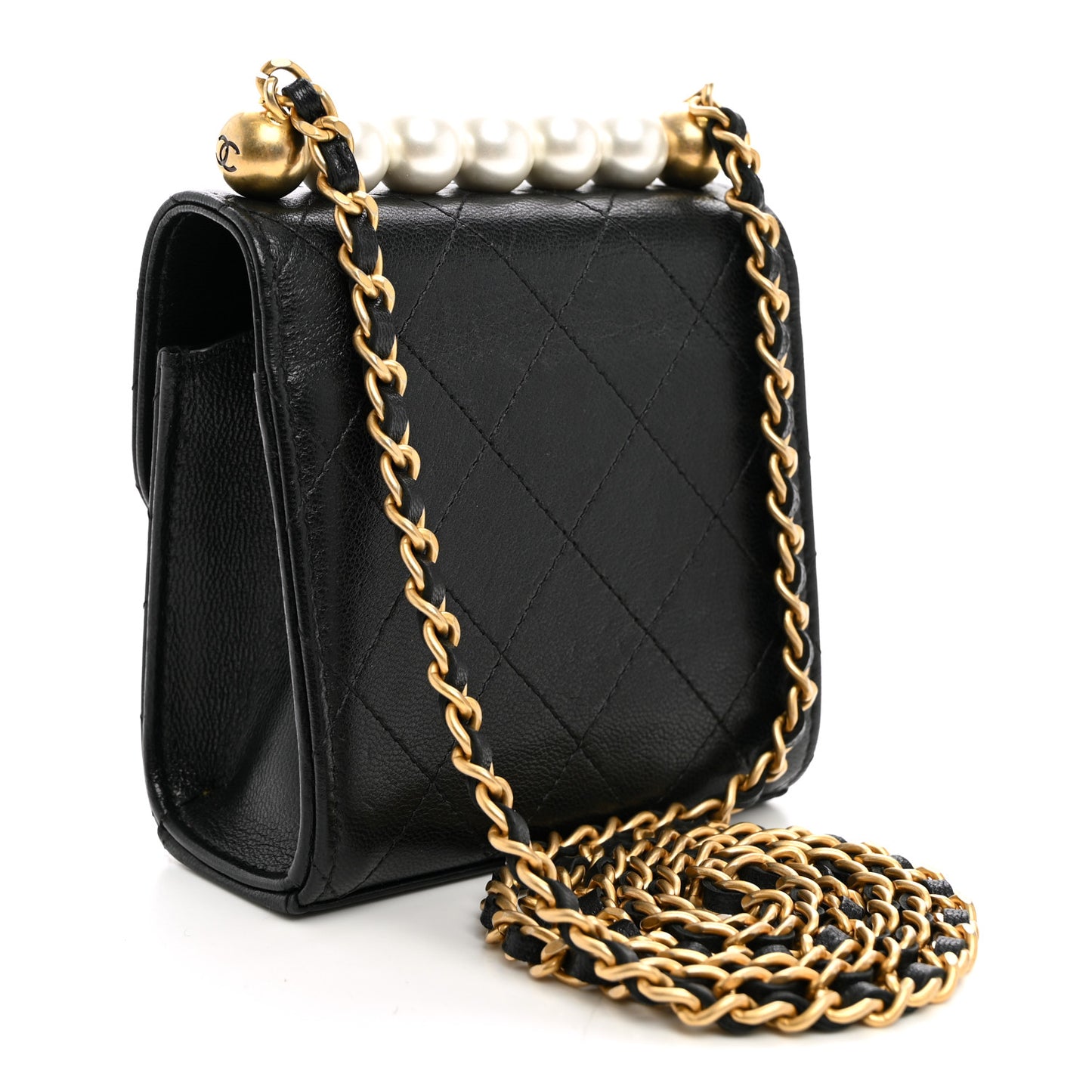 Goatskin Chic Pearls Clutch On Chain Black