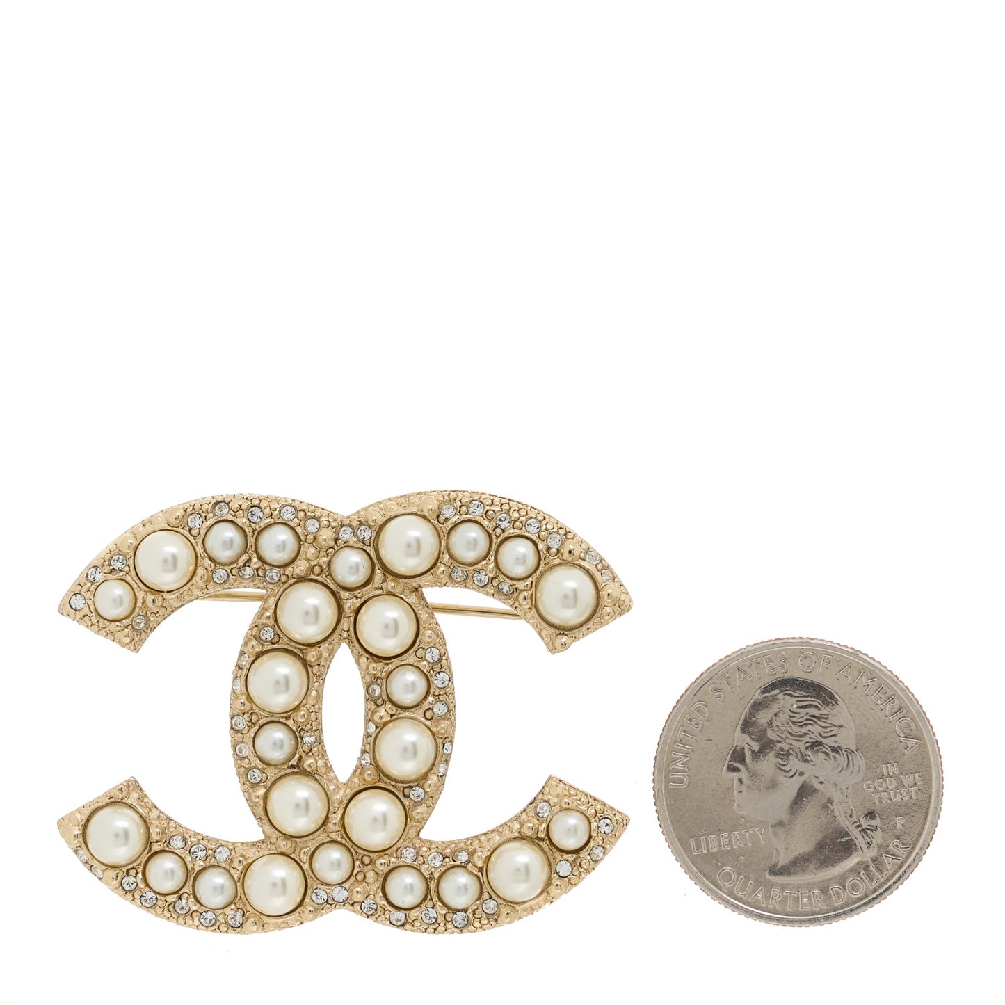 Graduated Pearl Crystal CC Brooch Gold