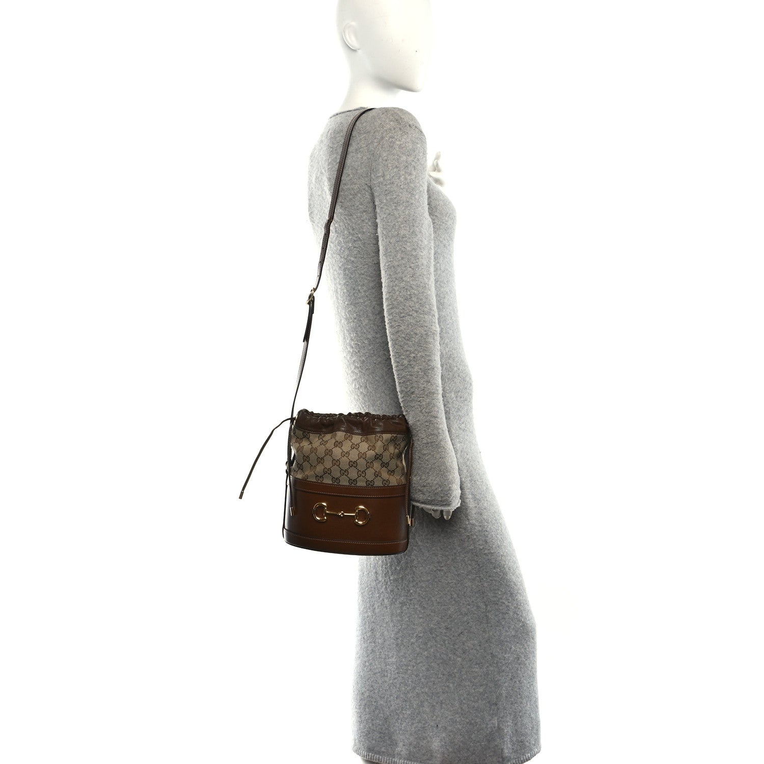 Gucci Monogram Textured Calfskin Horsebit 1955 Drawstring Bucket Bag Beige Brown Sugar 2 of 10