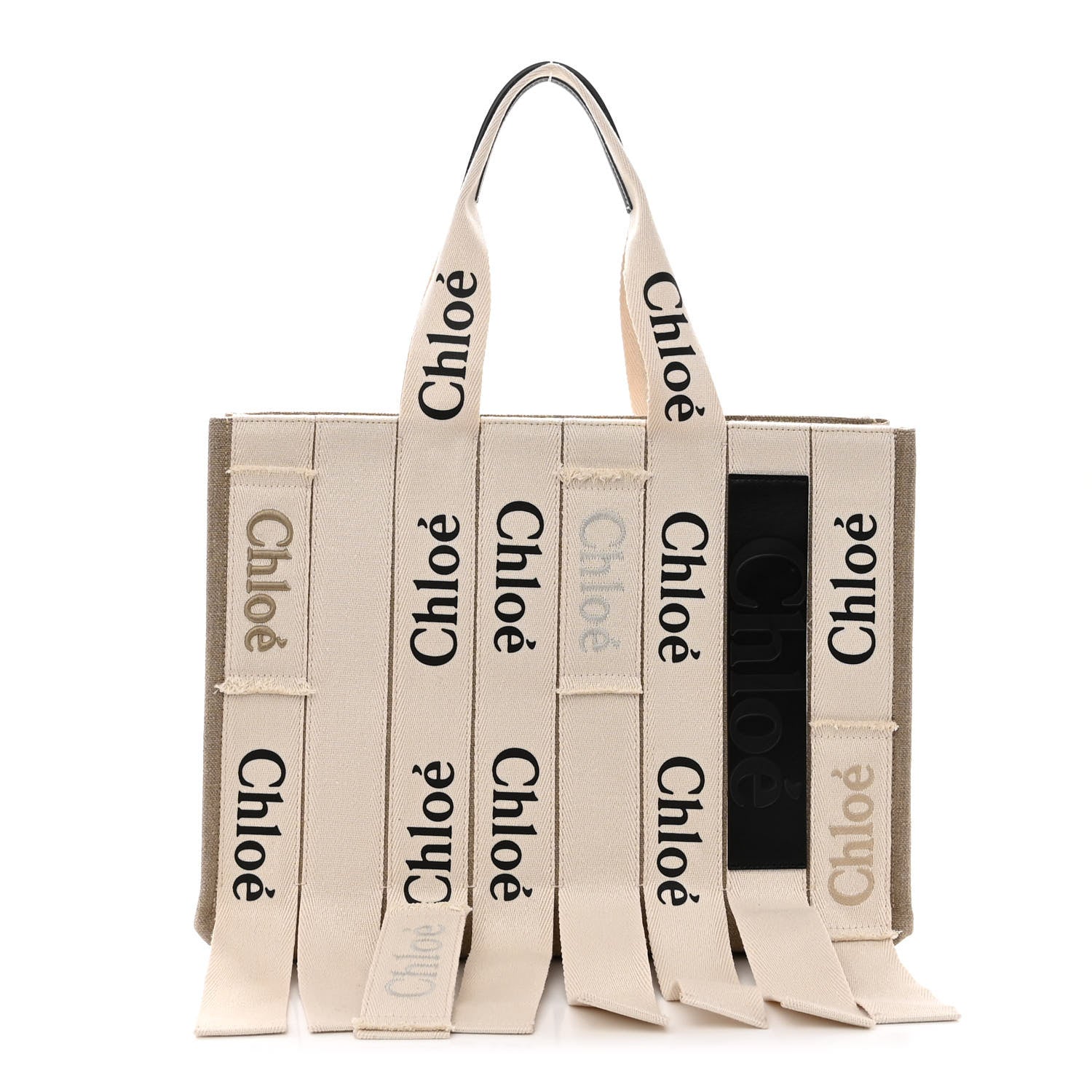 Chloe Cotton Canvas Calfskin Large Woody Logo Ribbon Tote Sand 1 of 9
