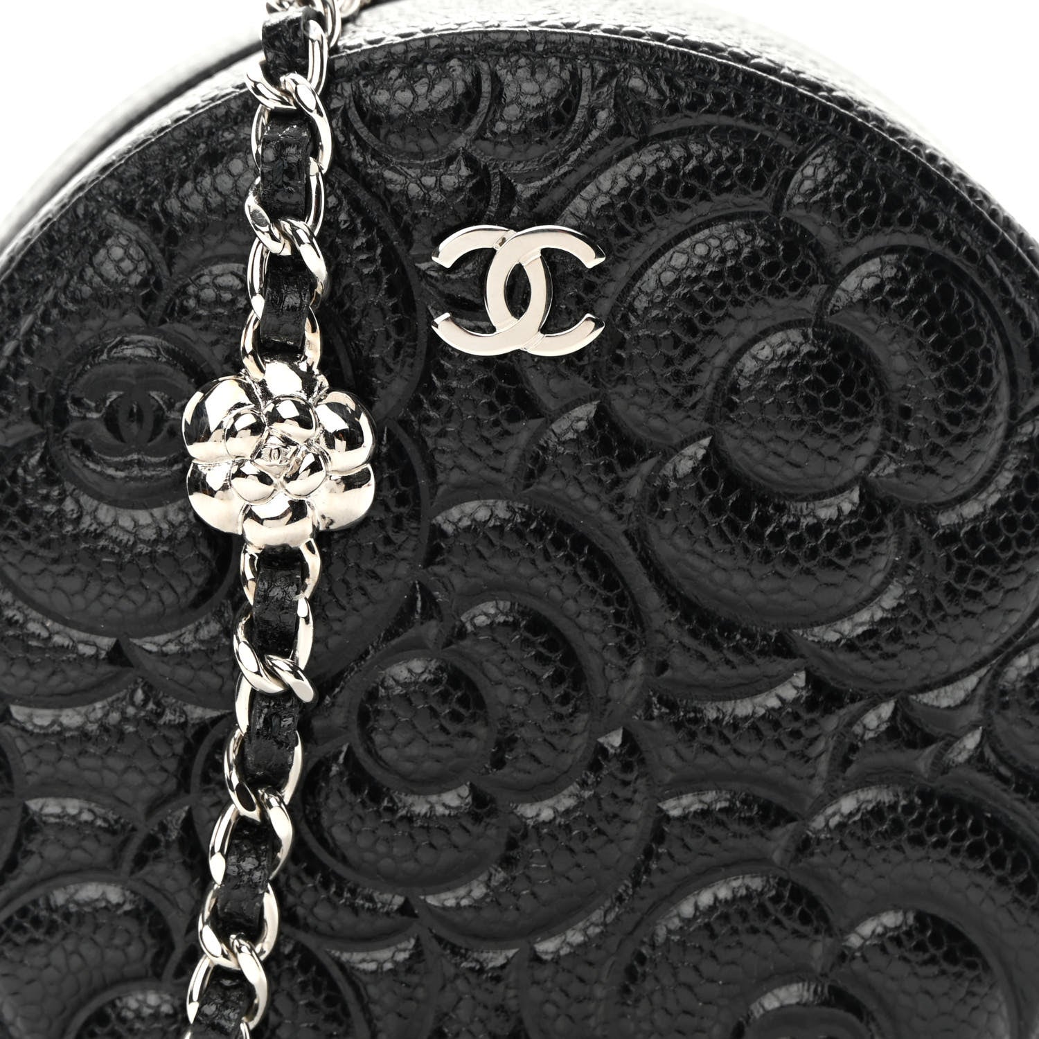 Chanel Caviar Camellia Embossed Round Clutch With Chain Black 8 of 11