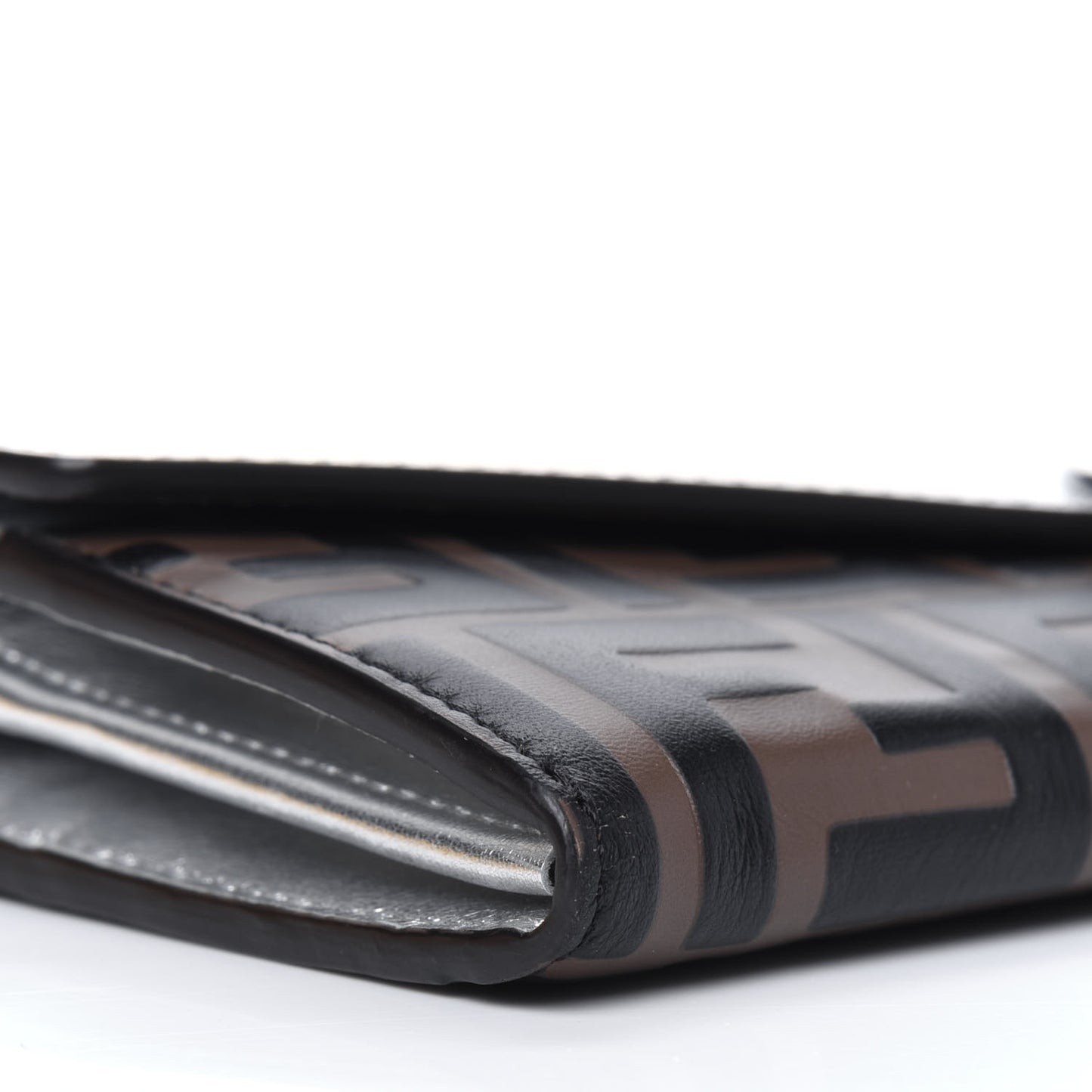 Vitello Soft Catalan Mirror F is Fendi Bi-Color FF 1974 Embossed Continental Envelope Wallet On Chain Maya Black Argento