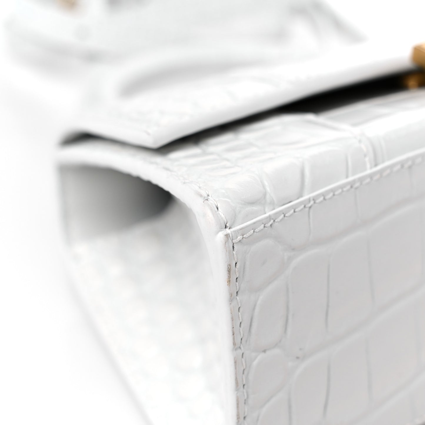 Shiny Calfskin Crocodile Embossed Hourglass Top Handle Bag XS White