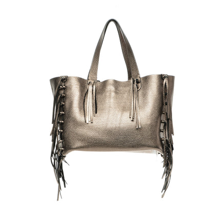 Valentino Garavani Metallic Grained Calfskin C-Rockee Fringe Tote Sasso 1 of 7