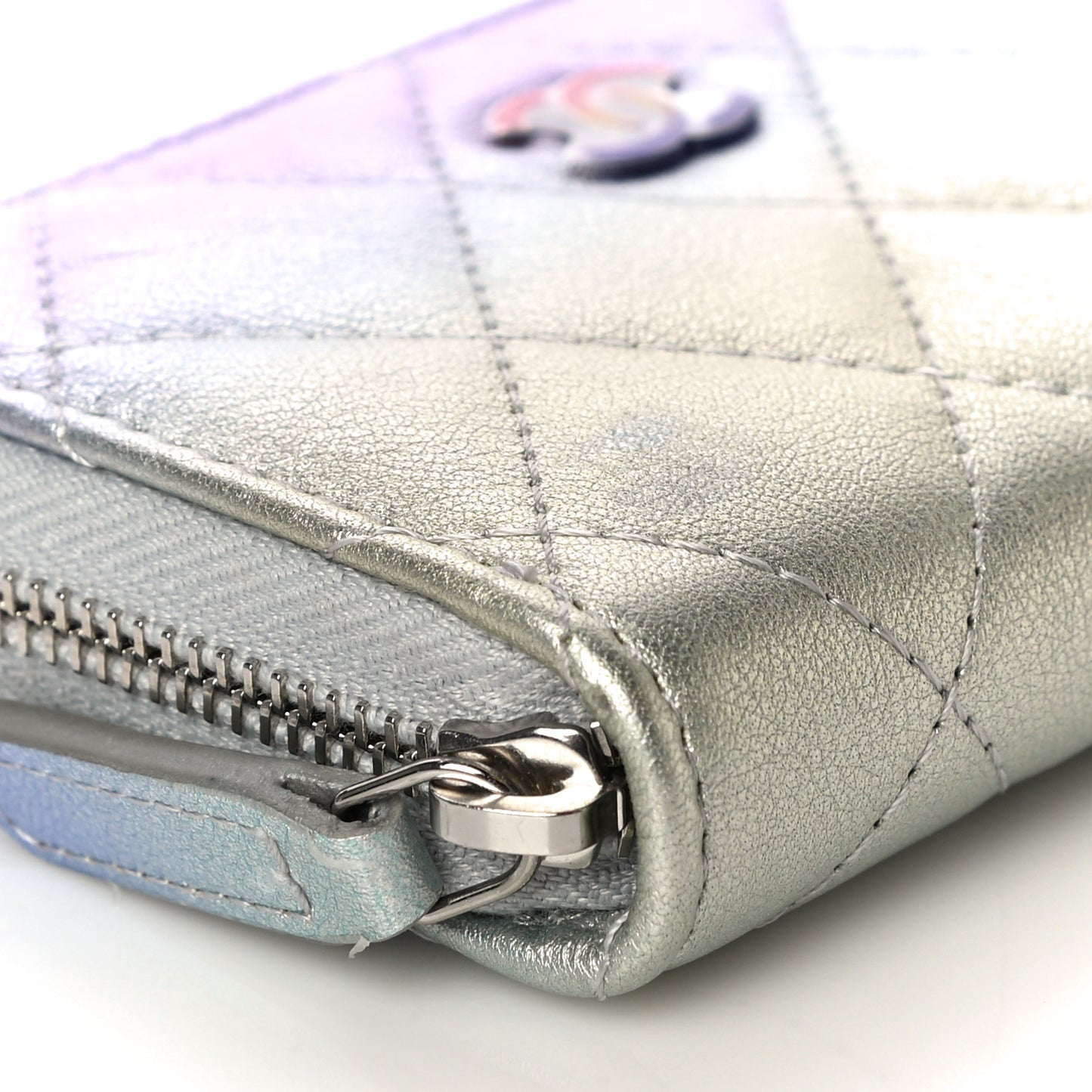 Gradient Metallic Calfskin Quilted Zip Around Coin Purse Wallet Silver Blue Yellow Purple